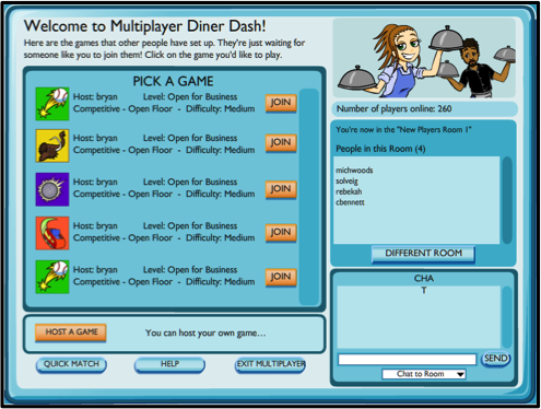 While this lobby screen is obviously rough (remember, this was 2007, when casual games didn't do this sort of thing yet!), it shows how players could host a game in the restaurant of their choosing, in either cooperative or competitive mode. The mul