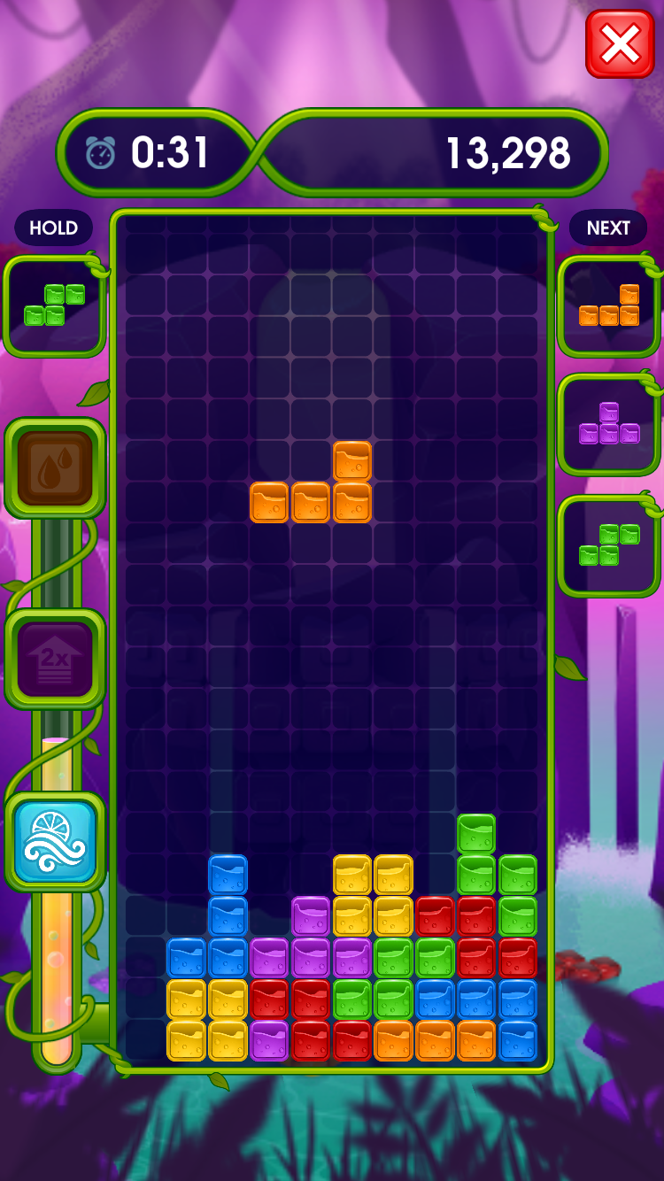  The pieces are filled with juice that bursts out when lines are cleared from the board. The released juice gradually fills up the Juice Meter on the left, unlocking 3 new power-ups. 