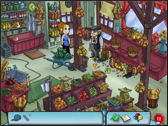 I designed all puzzles to be elegantly woven into the storyline. For example, Flo needs fruit and veggies to make baby food, but the produce baskets at the market have spilled. So the player solves word scrambles to get the produce, and visual gro