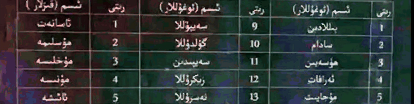 A detail from another list of banned names that has been circulated recently in Khotan Prefecture. The banned boys names are as follows: 1. Billadin (Bin-Laden), 2. Sadam, 3. Huseyin (Hussain), 4. Erafat, 5. Mujayit, 9. Seyulla, 10. Guldulla, 11. Seyidin, 12. Zikrulla, 13. Nesrulla. Banned girls names are as follows: 1. Asanet, 2. Muslime, 3. Mukhlise, 4. Munise, 5. A’ishe.