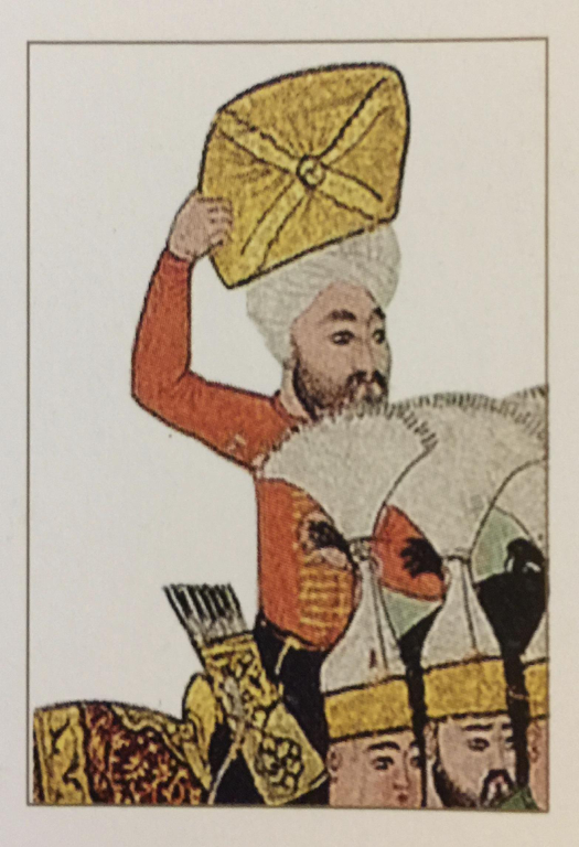 Fig. 1 – Close-up image of a battle scene from an Ottoman manuscript. The man brandishes the Holy Mantle in its reliquary perhaps to channel divine intervention, but more importantly to connect the Ottomans to the Prophet Muhammad. (Source: Hilmi Aydin, Pavilion of the Sacred Relics: The Sacred Trusts )