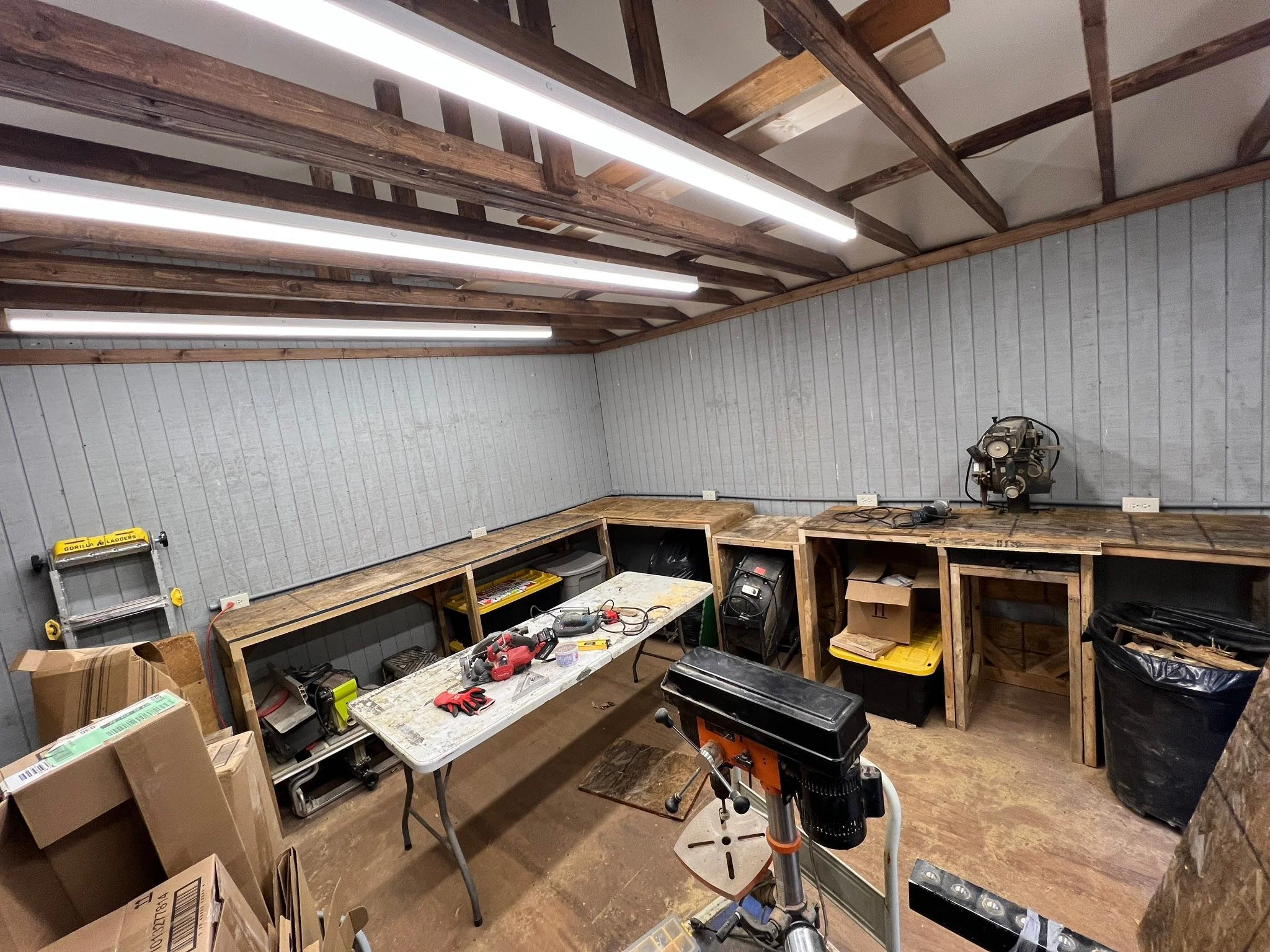 Bench #1 is ready for the plywood top.  Oh and I need to raise the electrical a bit.  Made a mistake when I built the first section and just decided to rolled with it.