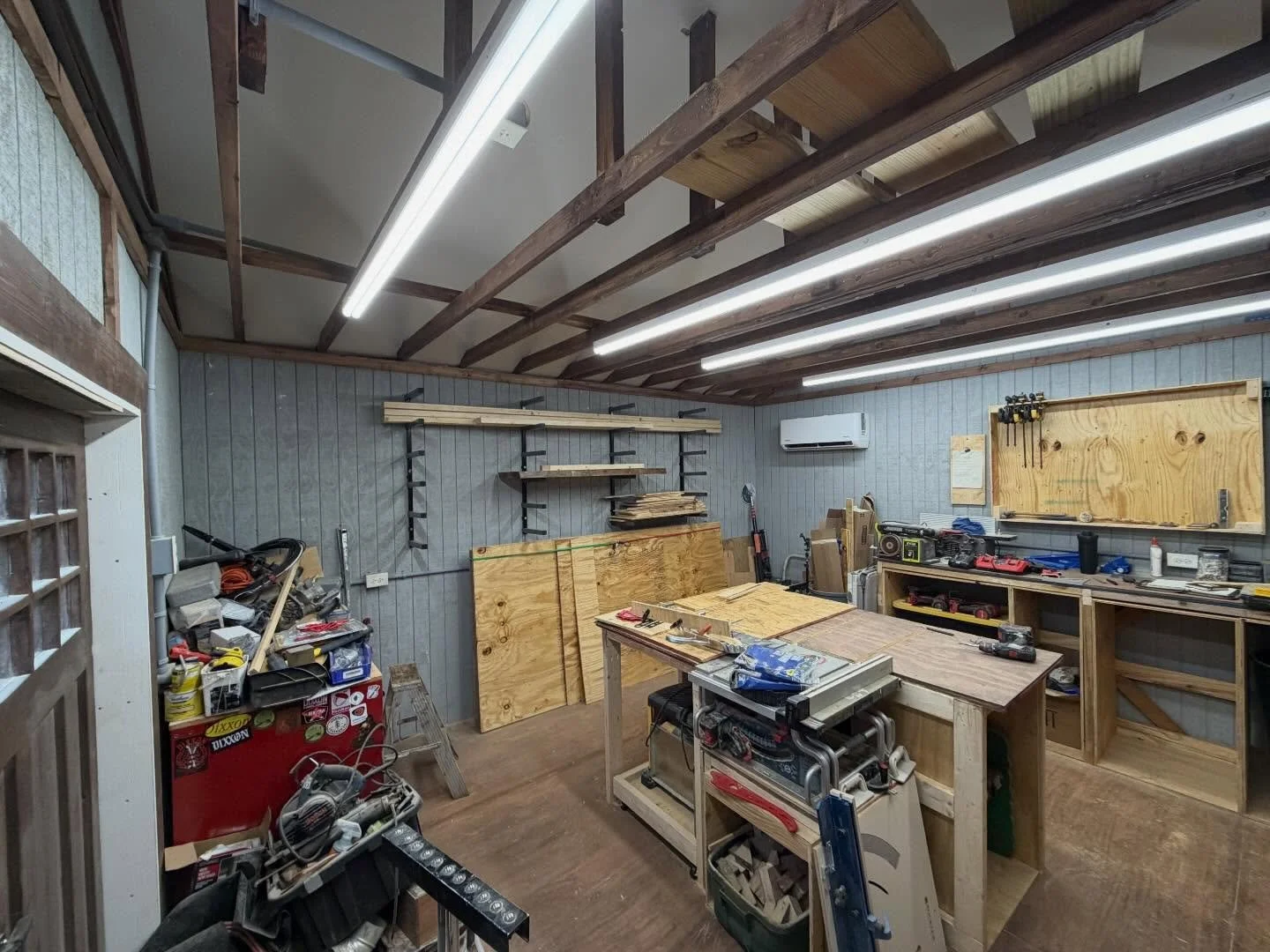 #Shopbuild update. 

1.  Lumber Rack installed
2. Mini Split AC/Heat added
3. Upper wall cabinet cases hung

#progress #woodshop #woodworking #diy #positveenergy #yougotit #stevenbrodystevens #yeeesssssss