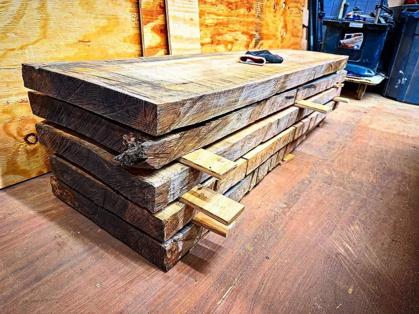 I have been drying these slabs for a year now (I think?). At about 13% moisture, they are just about ready. I am going to let this acclimate to the shop and start milling my face frames, drawer faces, and cabinet doors.  #treetotable #woodworking #lu