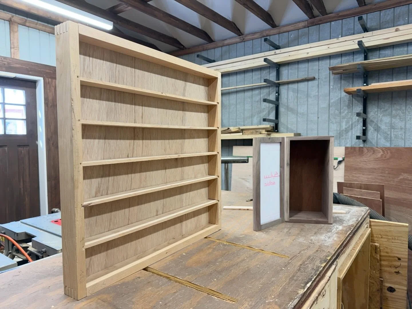I have been quiet on social media media, but that is because I have been busy in the shop and well life.  Here are some #progresspics of two #displaycases I am constructing.  Large one is #cherry and smaller one is #walnut.  Only joinery and wood glu
