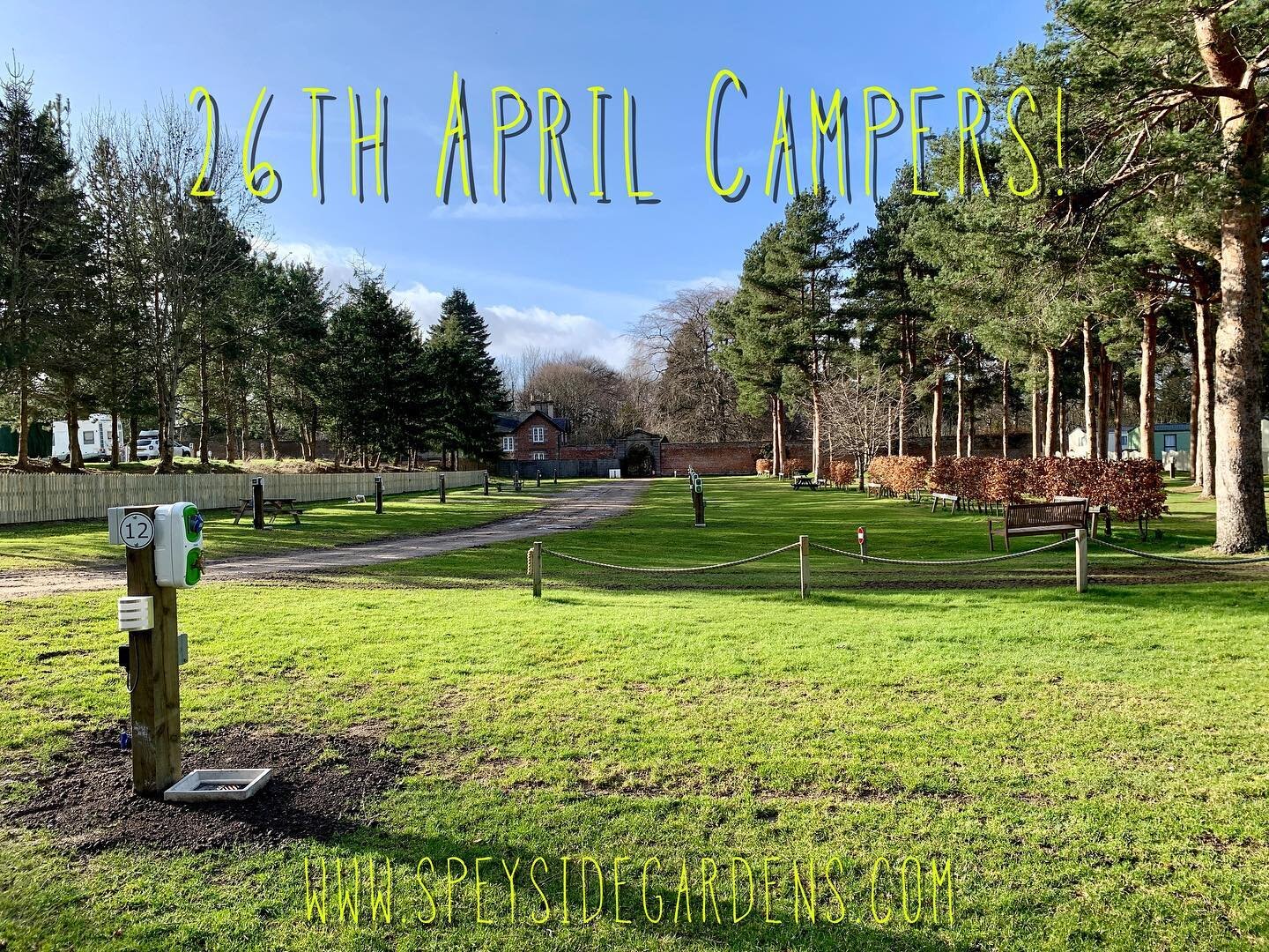 Attention all Campers ! Exciting news today... Speyside Gardens will be open from Monday 26th April ! 🏕❤️🥃 We cannot wait to welcome you all back, here is a little view of the new and improved park... think 16amp vibes, think fully serviced pitches
