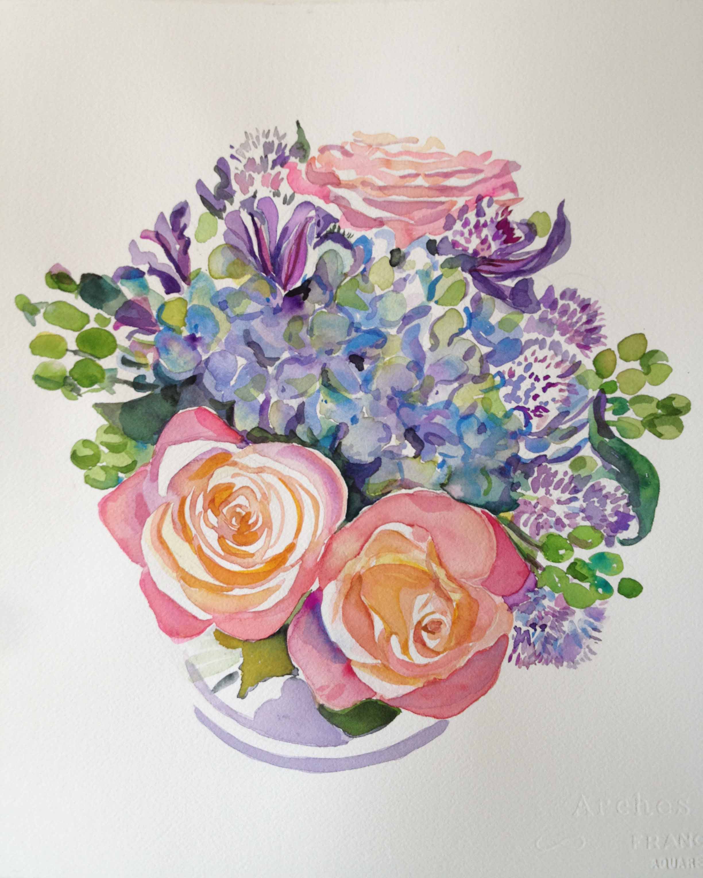 “Blue Hydrangea & Coral Roses Bouquet I” 