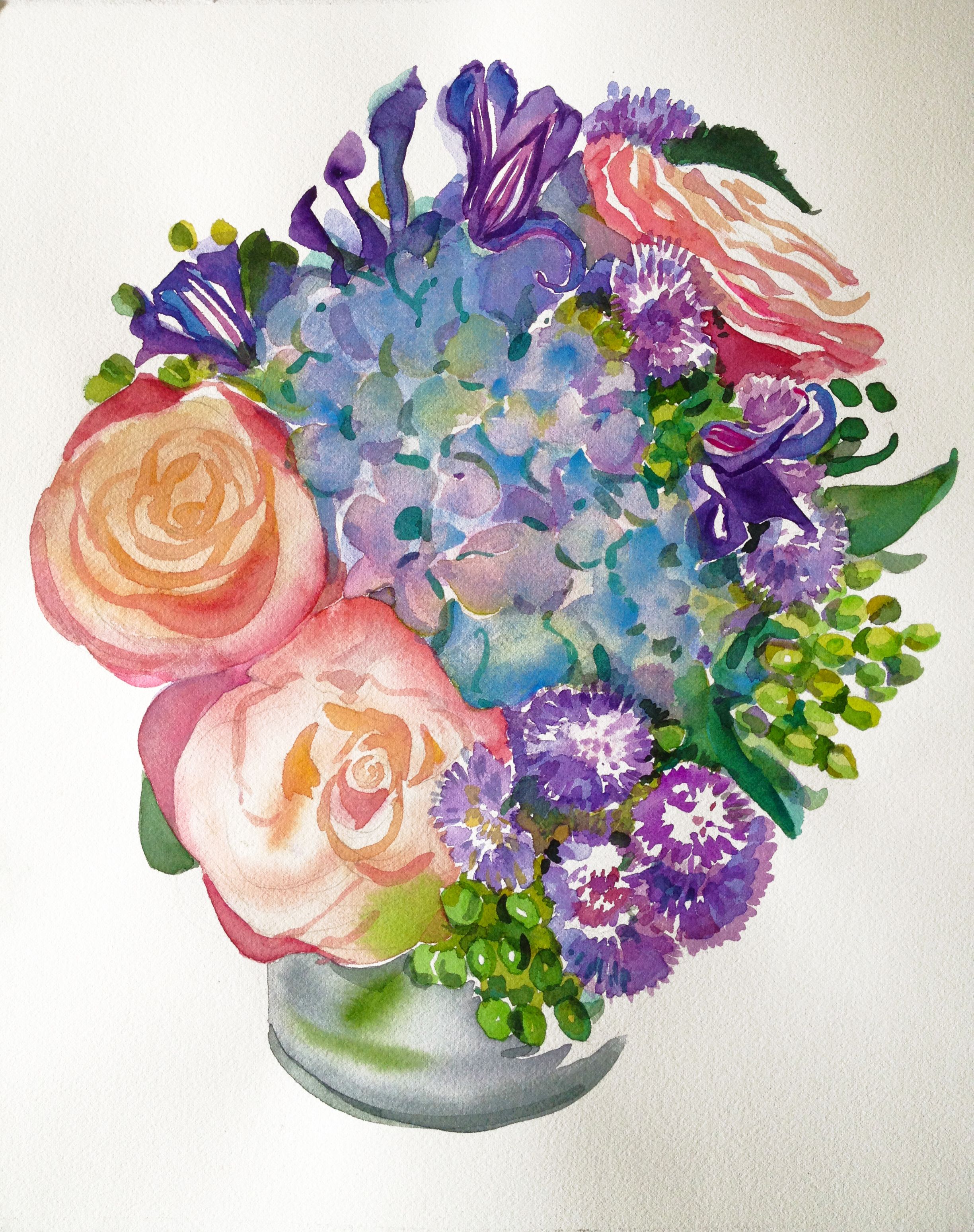 Watercolor “Blue Hydrangea & Coral Roses Bouquet III” 