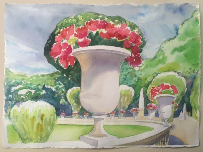 "Geranium Urns at Jardin du Luxembourg I"