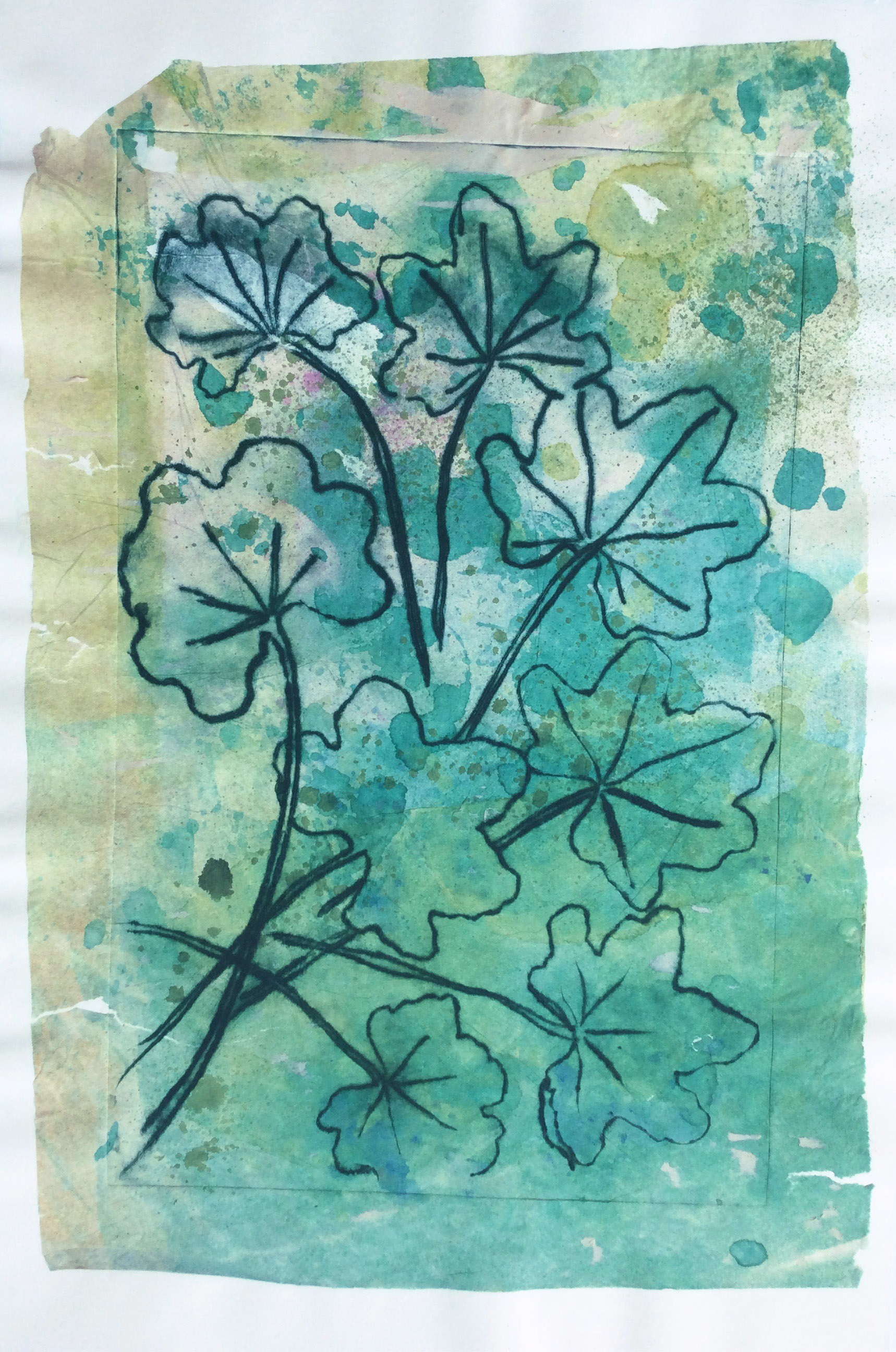 "Green Leaves" Drypoint + Chine Collé Print