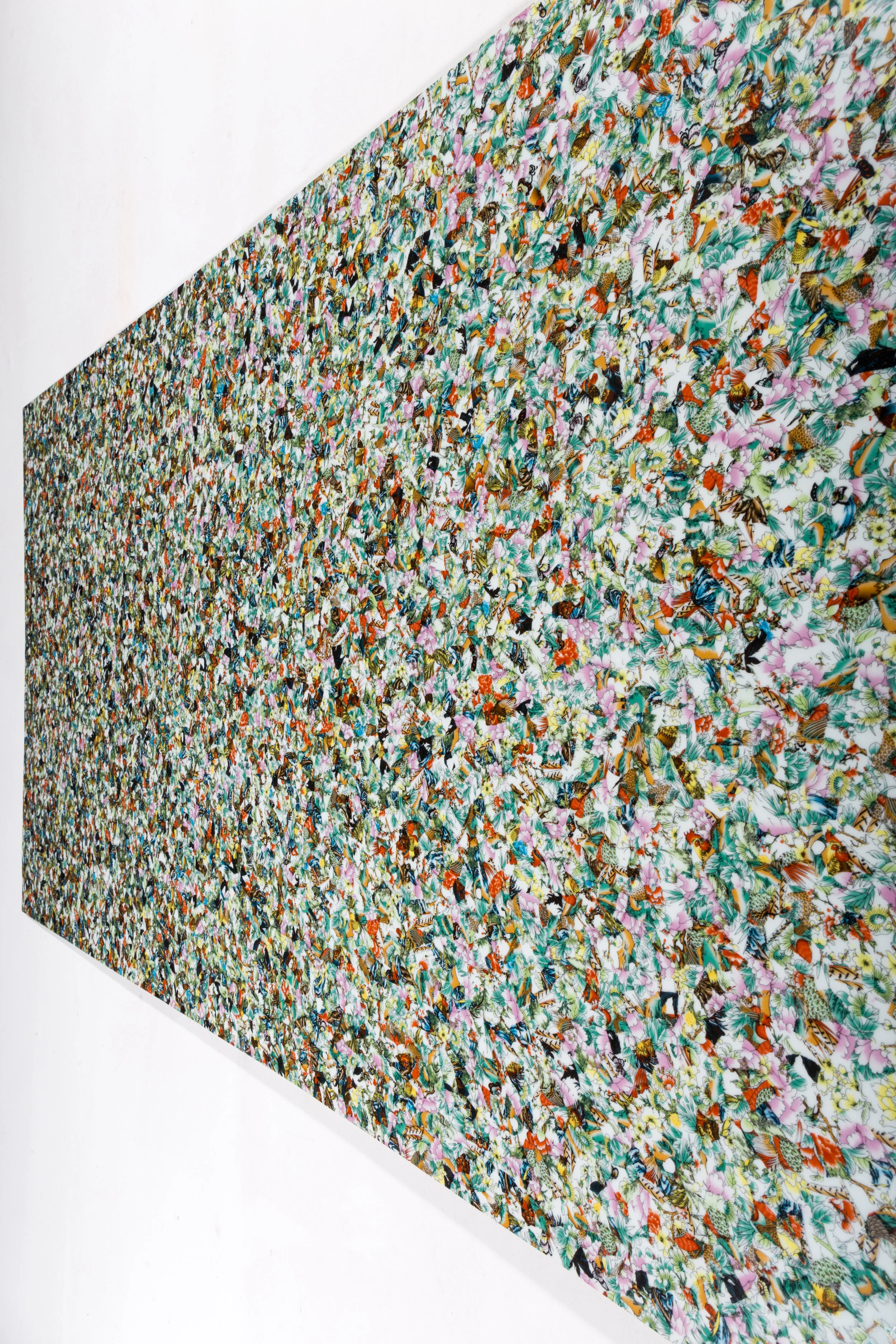 “Two Birds” Commercially produced ceramic decal collaged on porcelain tile (210x100 cm)