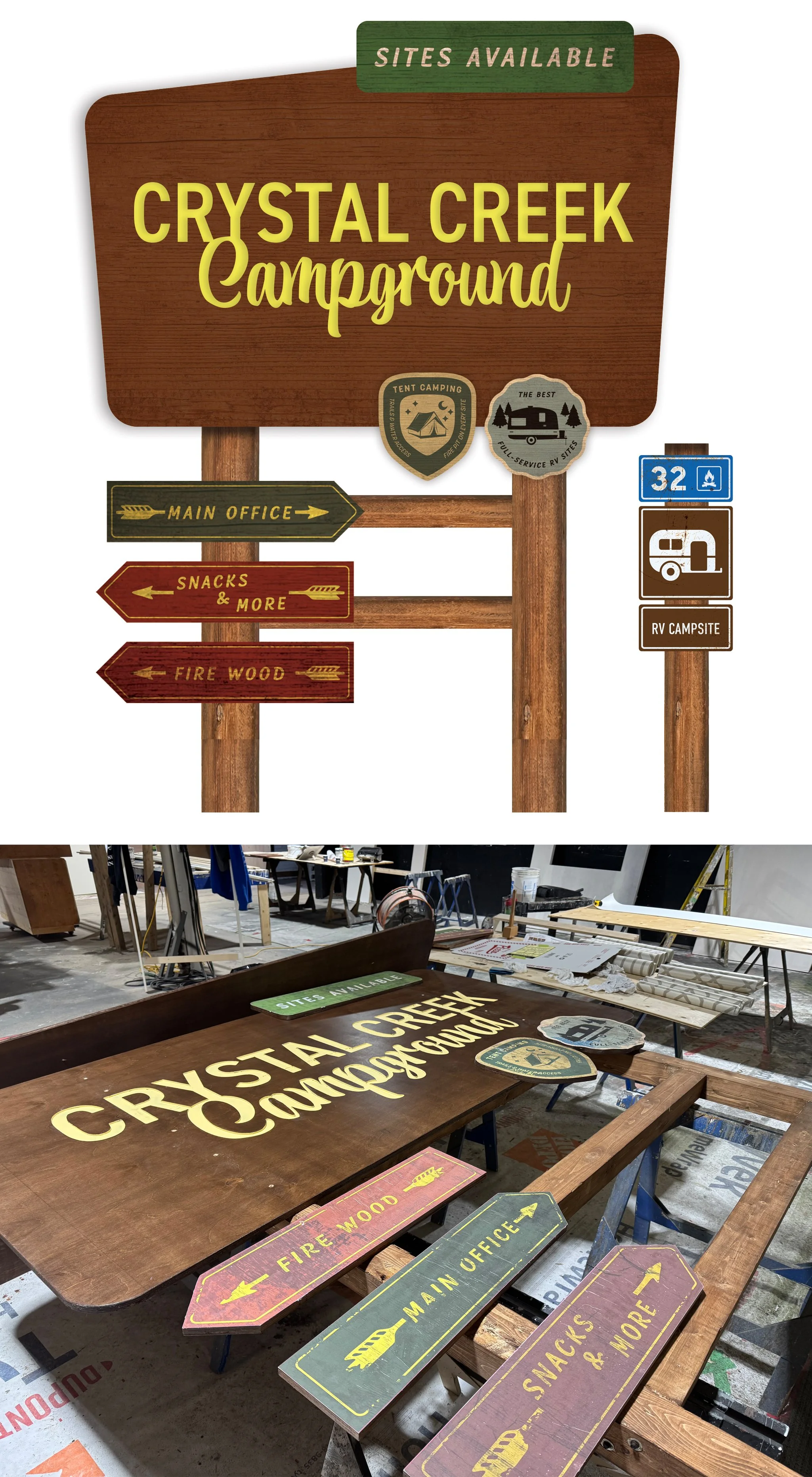  Campground Signs  Graphic Design, Illustration &amp; Copywriting - Main Sign Typography Routed Into 1/4” Plywood - Small signs printed on bond paper and glued onto plywood - Campsite signs printed on street sign aluminium 
