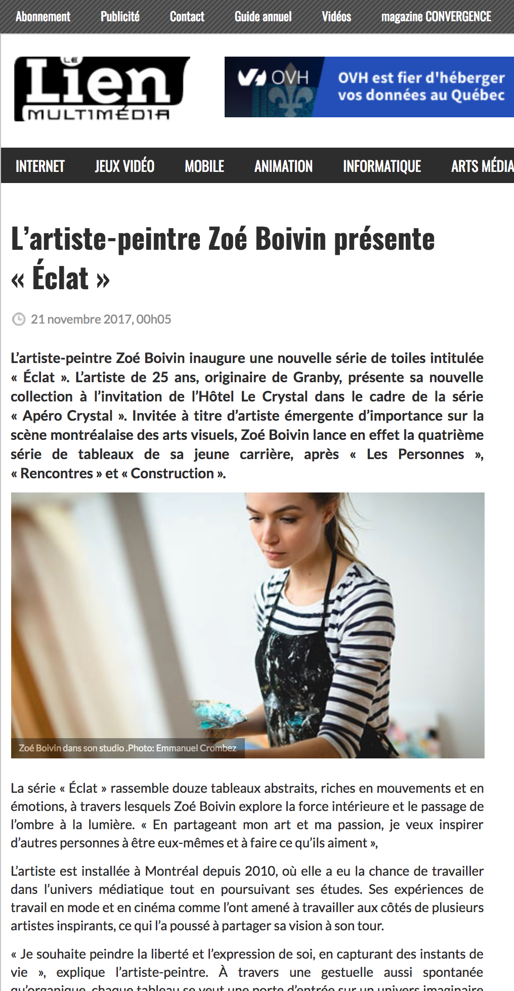  L’artiste-peintre Zoé Boivin présente “Éclat”. Steeve Laprise.&nbsp; Lien Multimédia , 21 novembre 2017. L’article complet  ici . 
