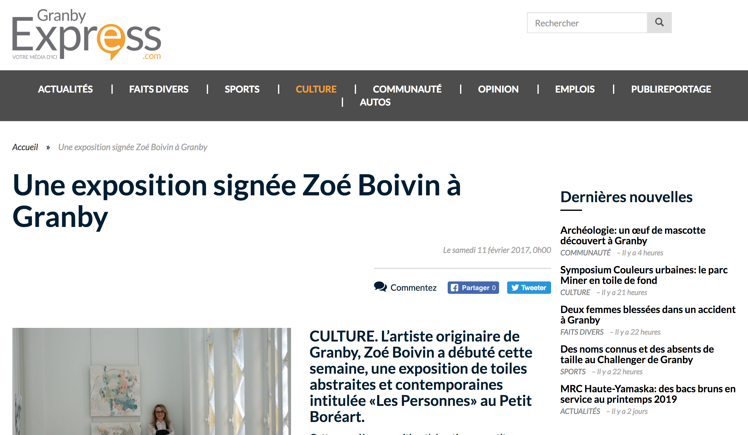  Une exposition signée Zoé Boivin à Granby. Mathieu Majeau.&nbsp; Granby Express , 11 février 2017. L’article complet  ici . 