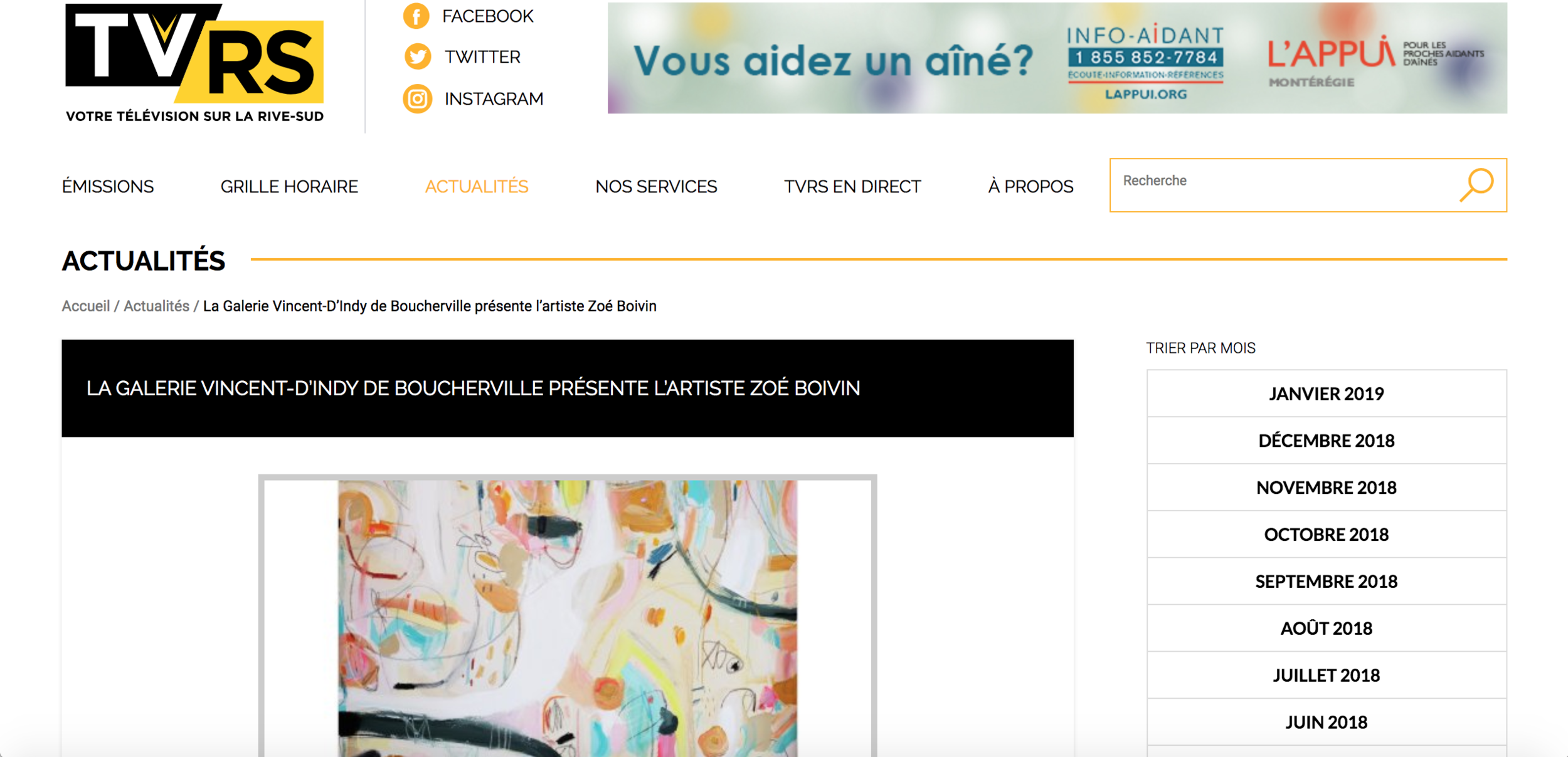  La Galerie Vincent D’Indy de Boucherville présente l’artiste Zoé Boivin. Rosanne Lévesque.  TVRS , 18 août 2018.   L’article complet  ici.  