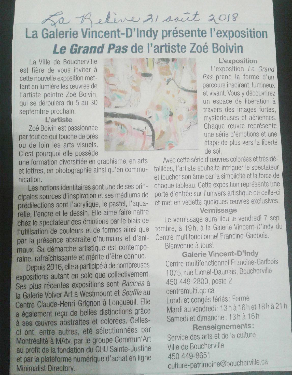  La Galerie Vincent D’Indy présente l’exposition Le Grand Pas de l’artiste Zoé Boivin.  La Relève , 21 août 2018. 