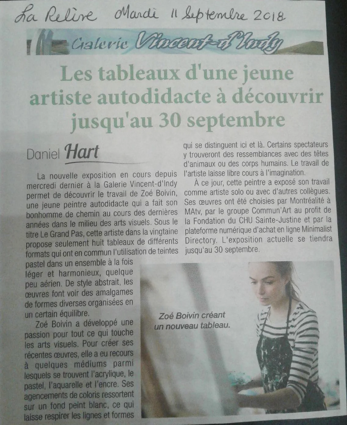Les tableaux d’une jeune artiste autodidacte à découvrir jusqu’au 30 septembre. La Relève , 11 septembre 2018.