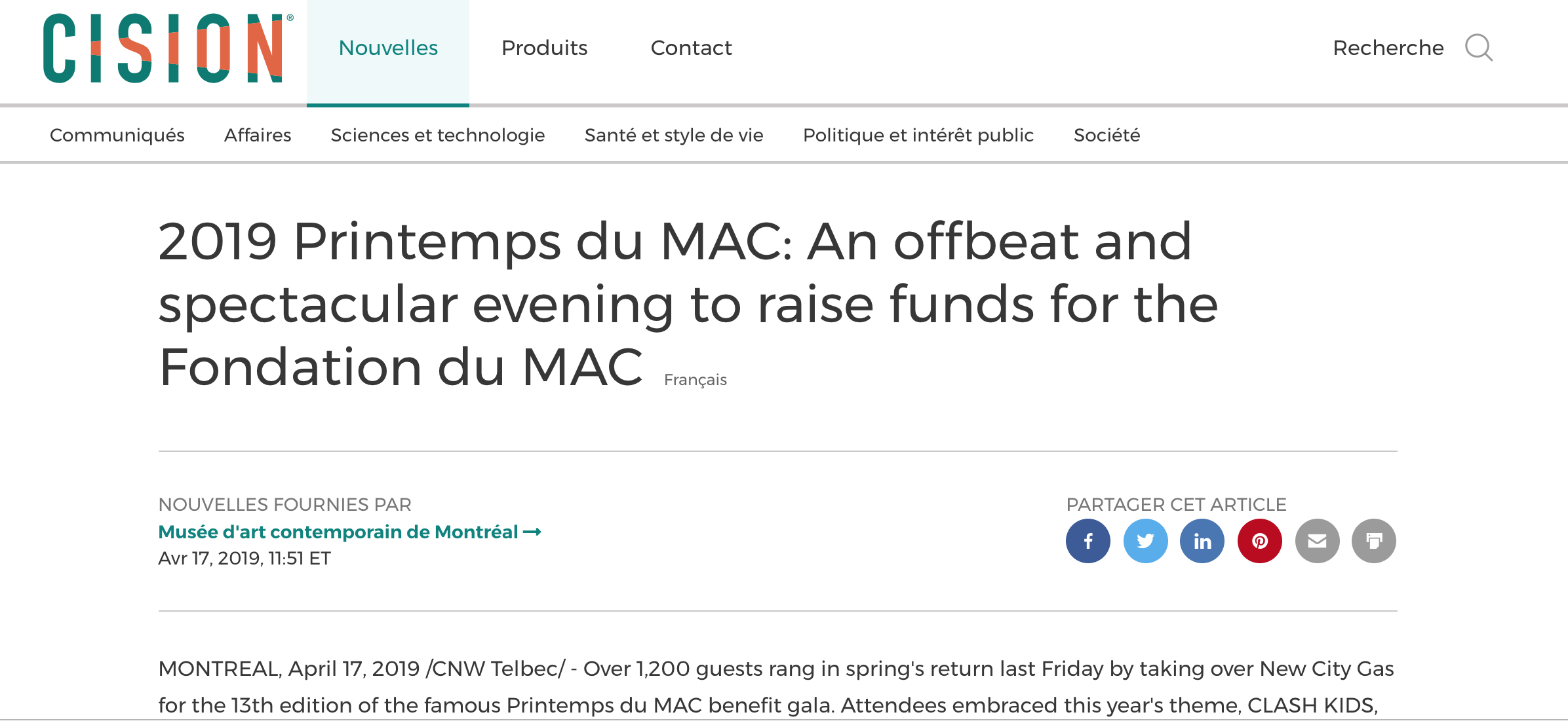 2019 Printemps du MAC: An offbeat and spectacular evening to raise funds for the Fondation du MAC. Cision.  Newswire , 17 avril 2019. L’article complet  ici .  