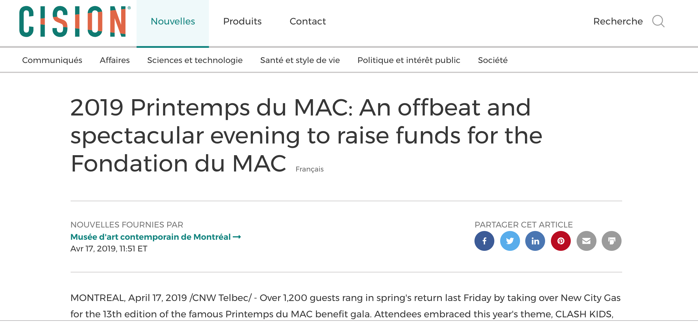 2019 Printemps du MAC: An offbeat and spectacular evening to raise funds for the Fondation du MAC. Cision. Newswire , 17 avril 2019. L’article complet ici .