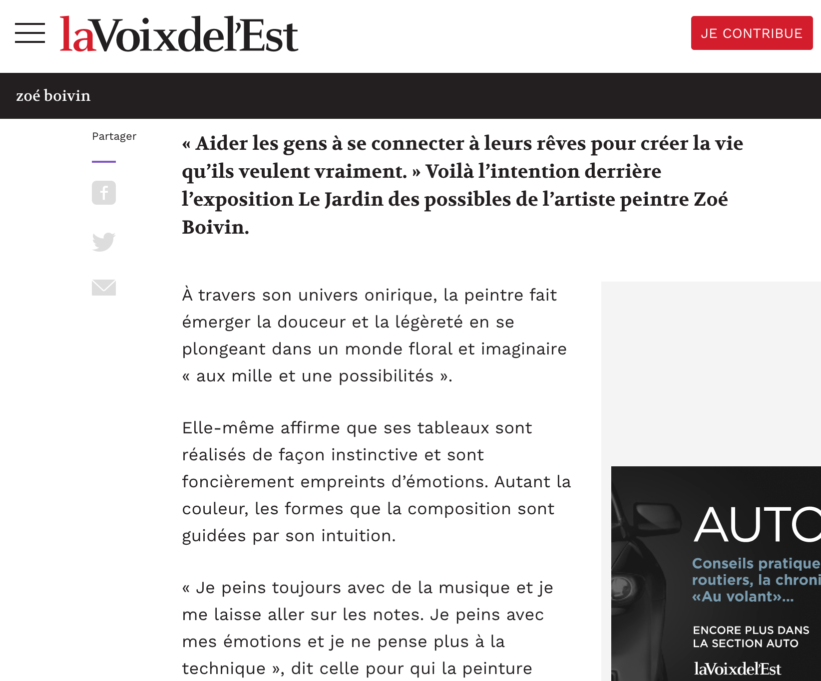  L’univers onirique de Zoé Boivin. Roxanne Caron.  La Voix de l’Est , 15 novembre 2019. L’article complet  ici.  