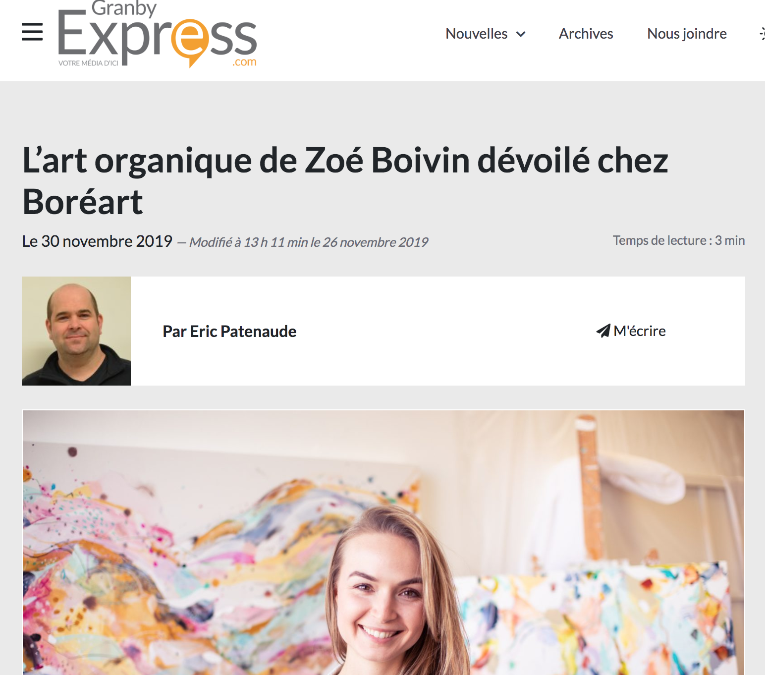  L’art organique de Zoé Boivin dévoilé chez Boréart. Éric Patenaude.  Granby Express , 30 novembre 2019. L’article complet  ici.  