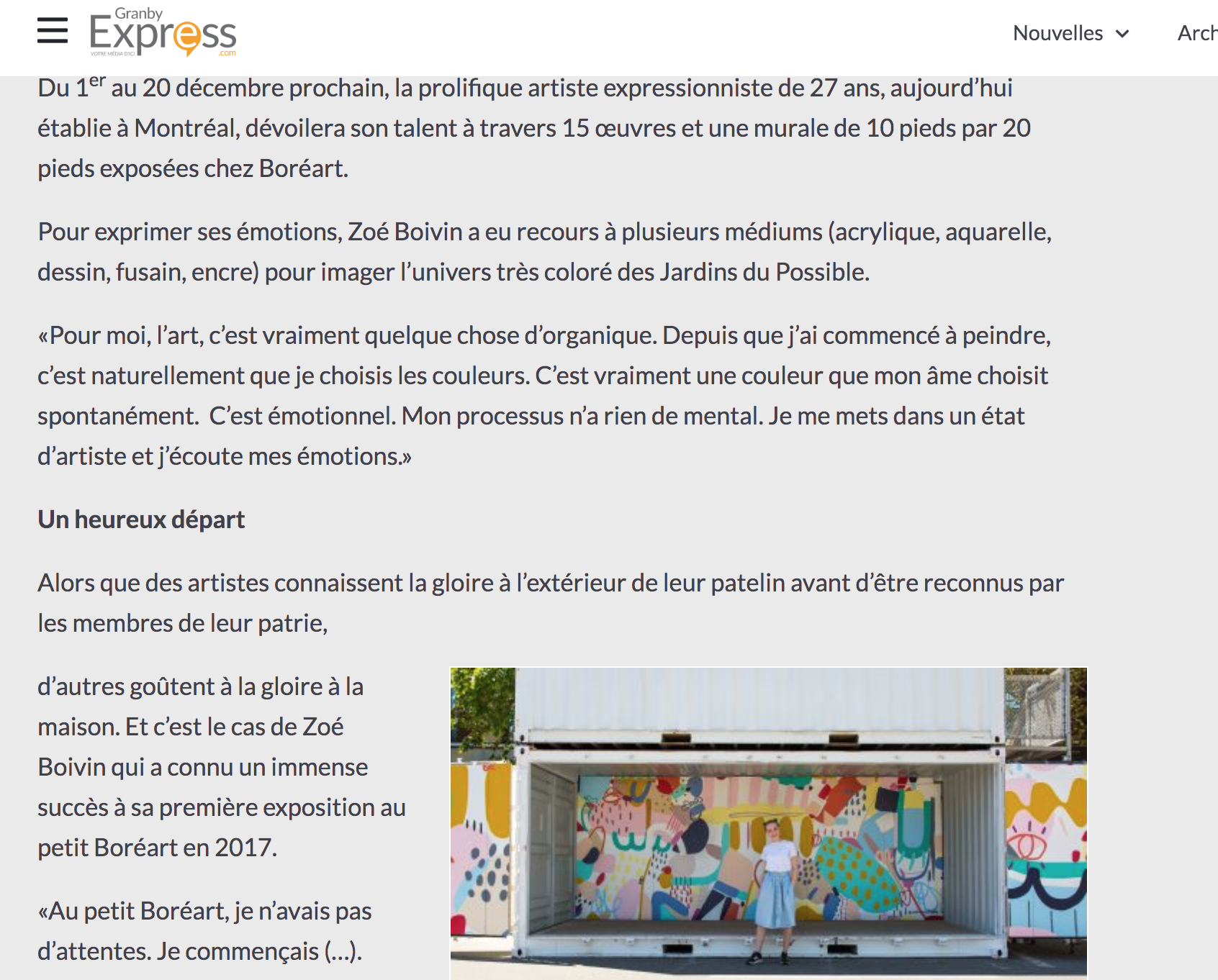  L’art organique de Zoé Boivin dévoilé chez Boréart. Éric Patenaude.  Granby Express , 30 novembre 2019. L’article complet  ici.  