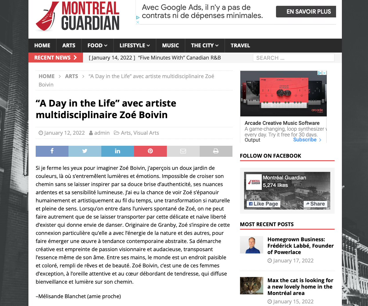  “A Day in the Life” avec artiste multidisciplinaire Zoé Boivin. Joel Levy.  Montreal Guardian , 12 janvier 2022. Lire l’article complet  ici.  