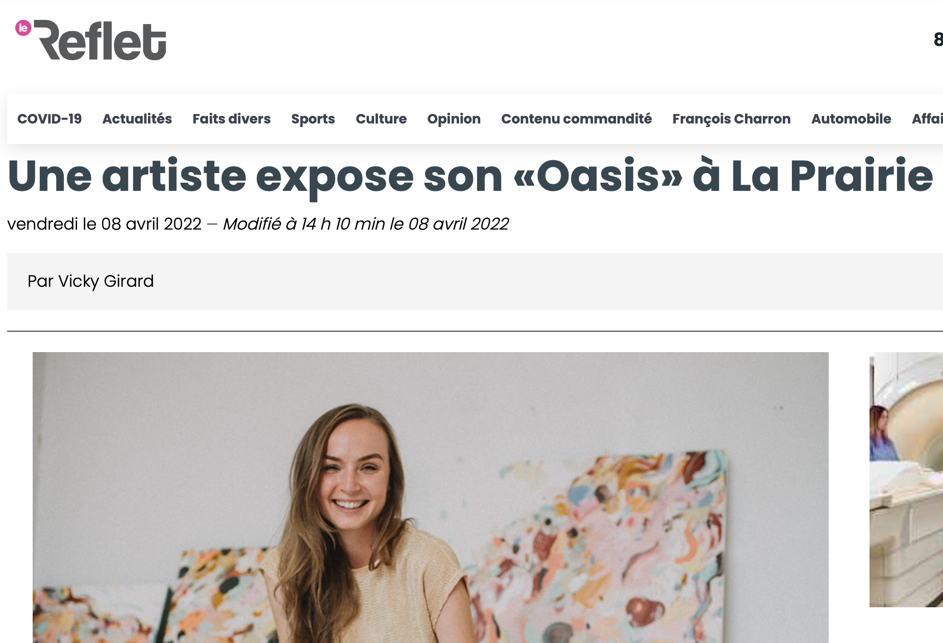  Une artiste expose son «Oasis» à La Prairie. Vicky Girard.  Le Reflet , 8 avril 2022. Lire l’article complet    ici.  