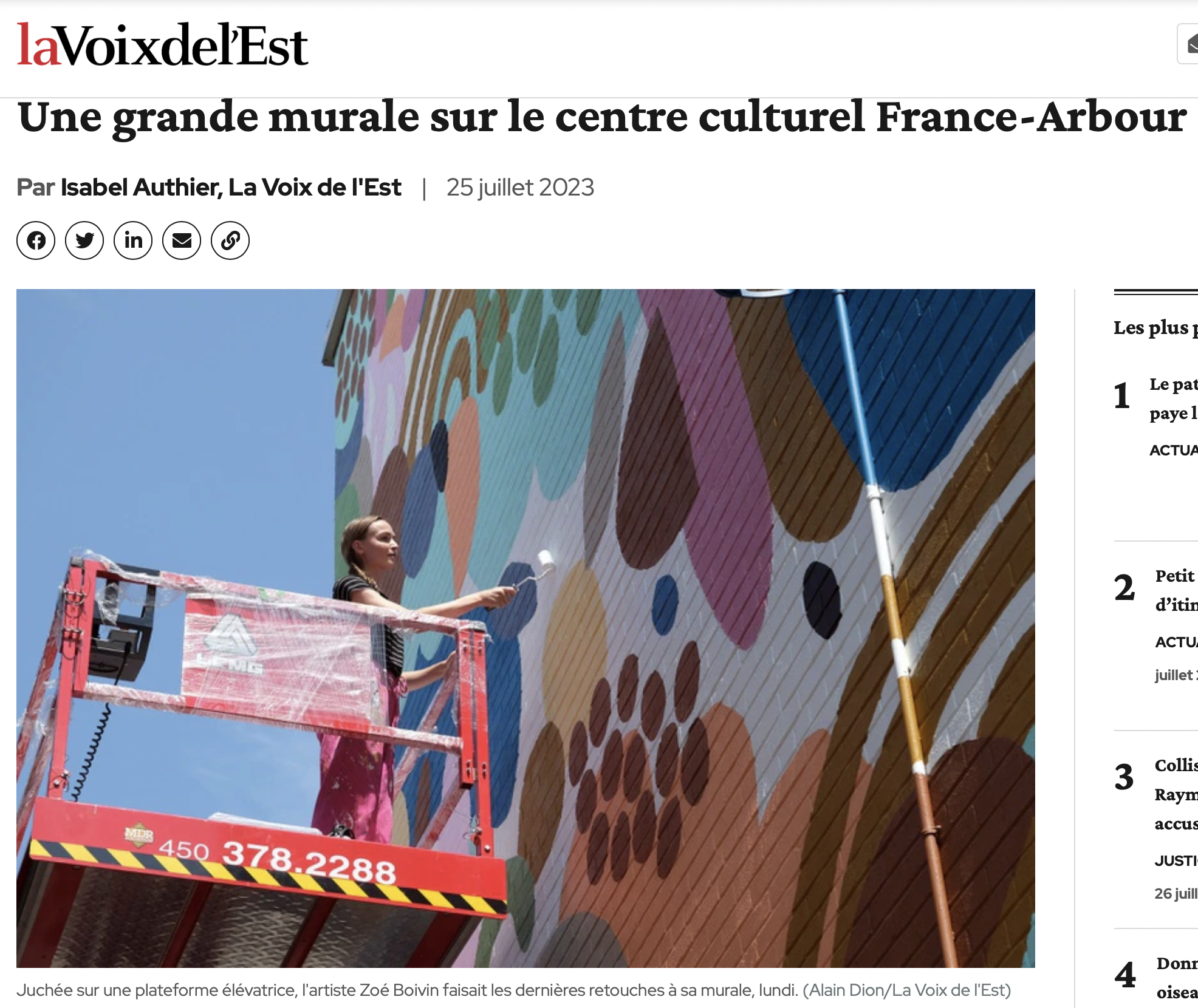  Une grande murale sur le centre culturel France-Arbour. Isabel Authier,  La Voix de l’Est,  25 Juillet 2023. L’article complet    ici.  