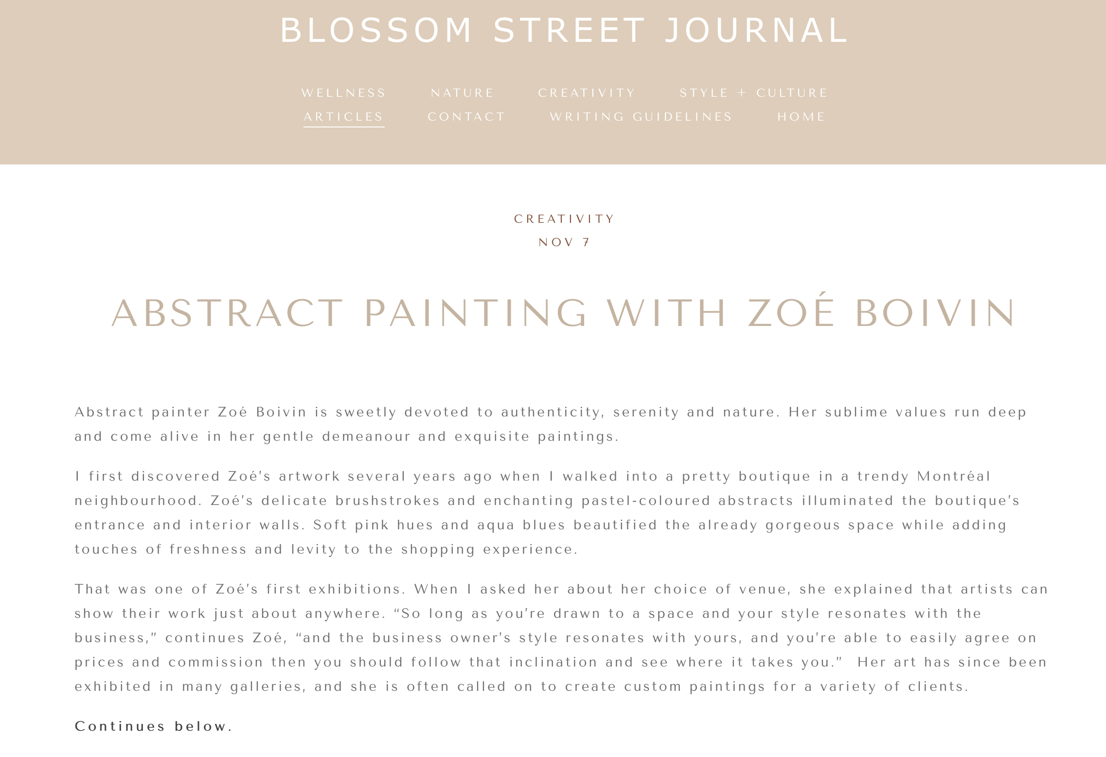  Abstract painting with Zoe Boivin. Fatima Rizzo,  Blossom Street Journal,  7 Novembre 2023. L’article complet    ici.  