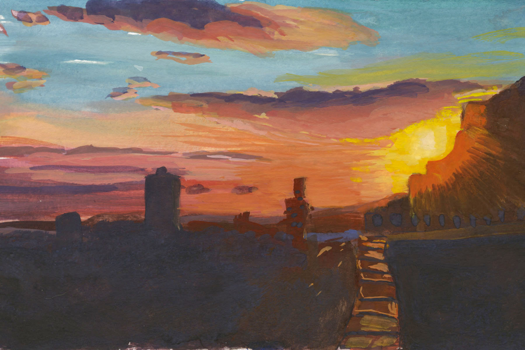 Chelsea Sunset, Gouache, 4 x 6" 2017.