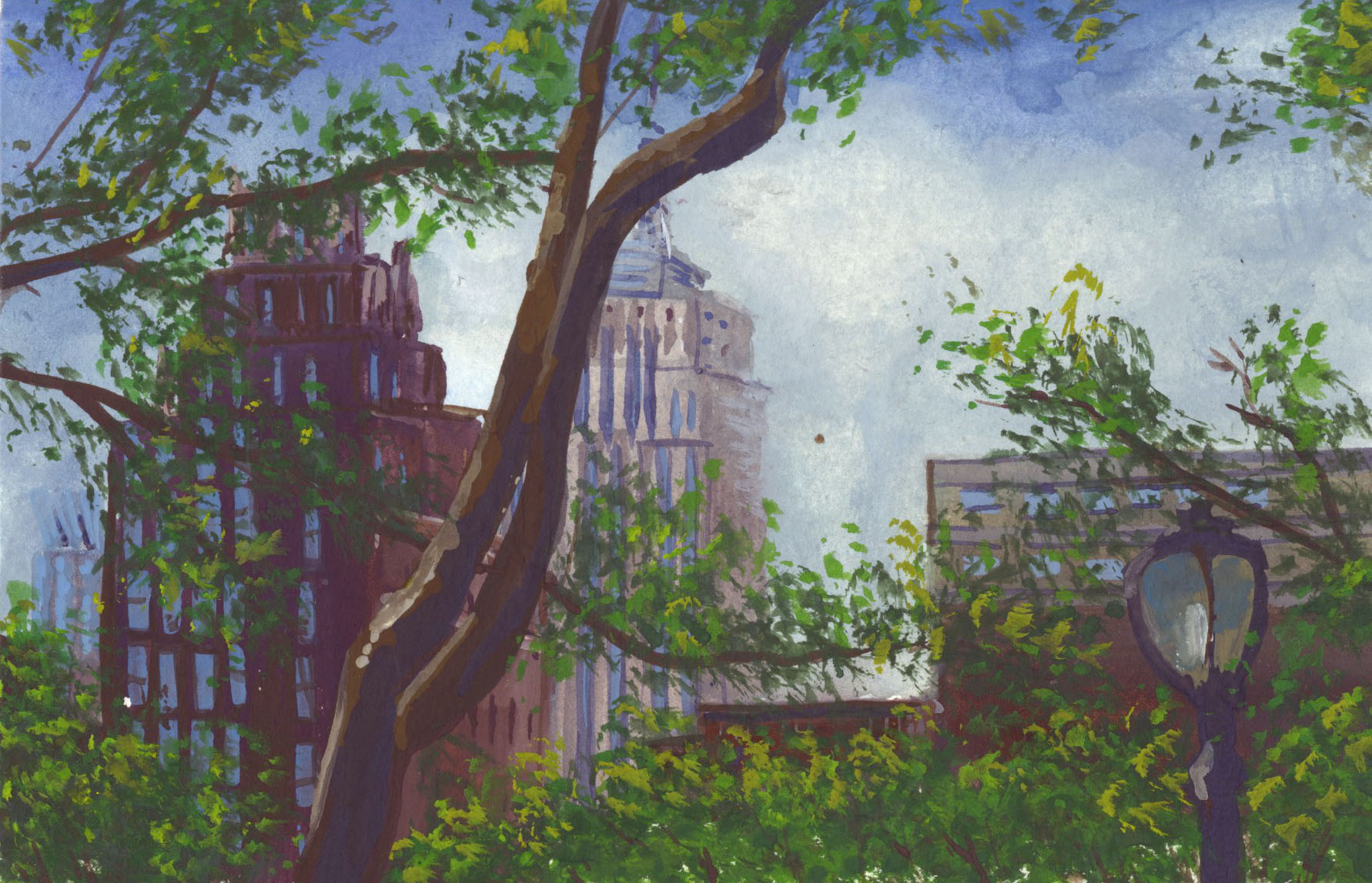 Bryant Park, Gouache, 4 x 6" 2017.