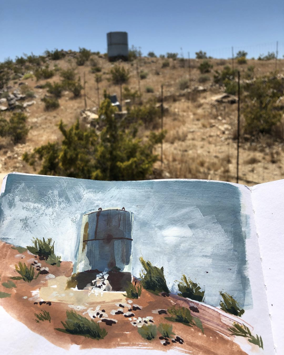 Water Tank, Joshua Tree, Gouache, 8 x 5" 2019.
