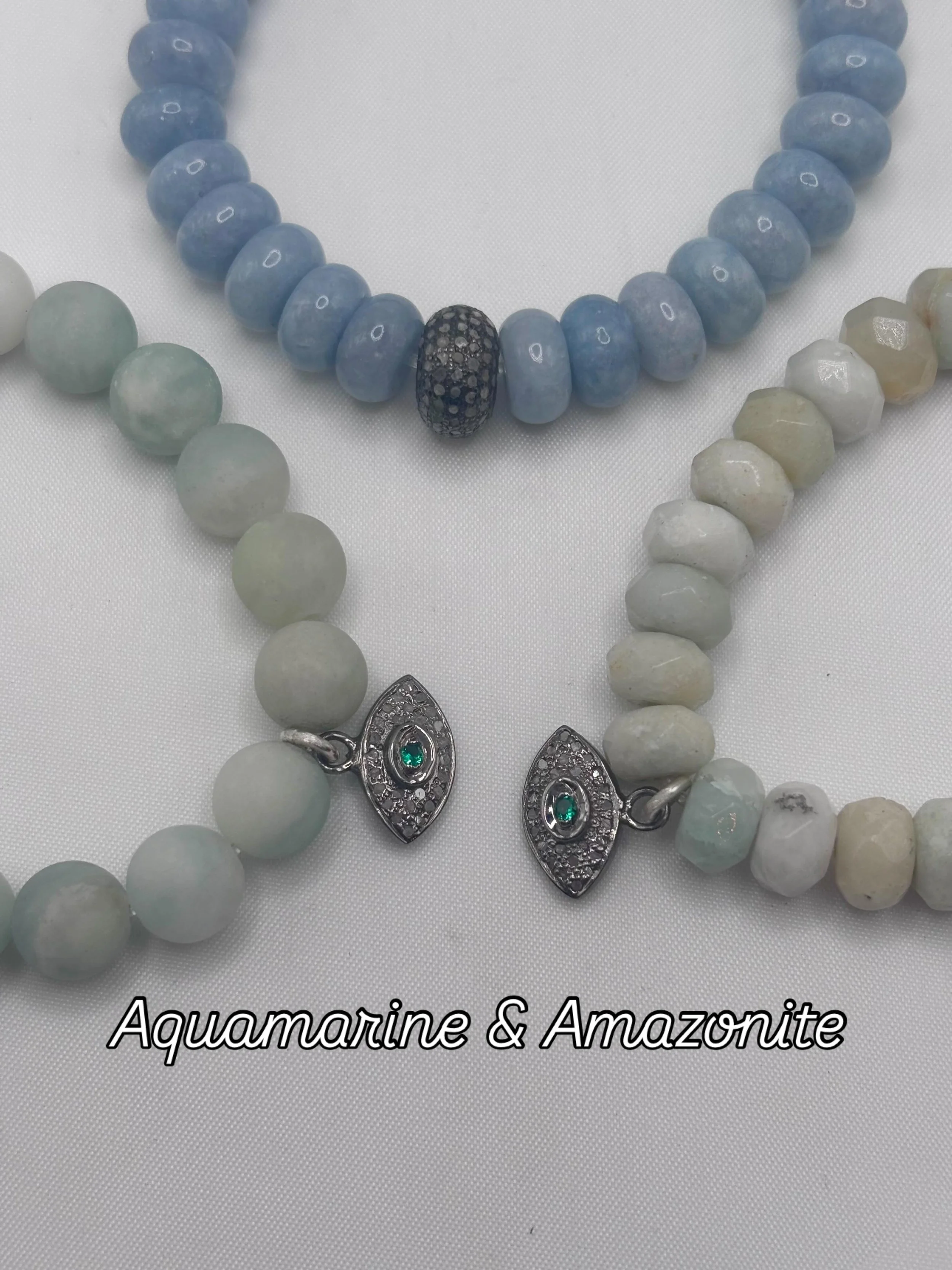 Diamond Emerald Eye and Amazonite Diamond Eye, Blue Aqua &amp; Diamond! All gorgeous&hellip;#diamondeye #evileyejewelry #gemstonebracelets