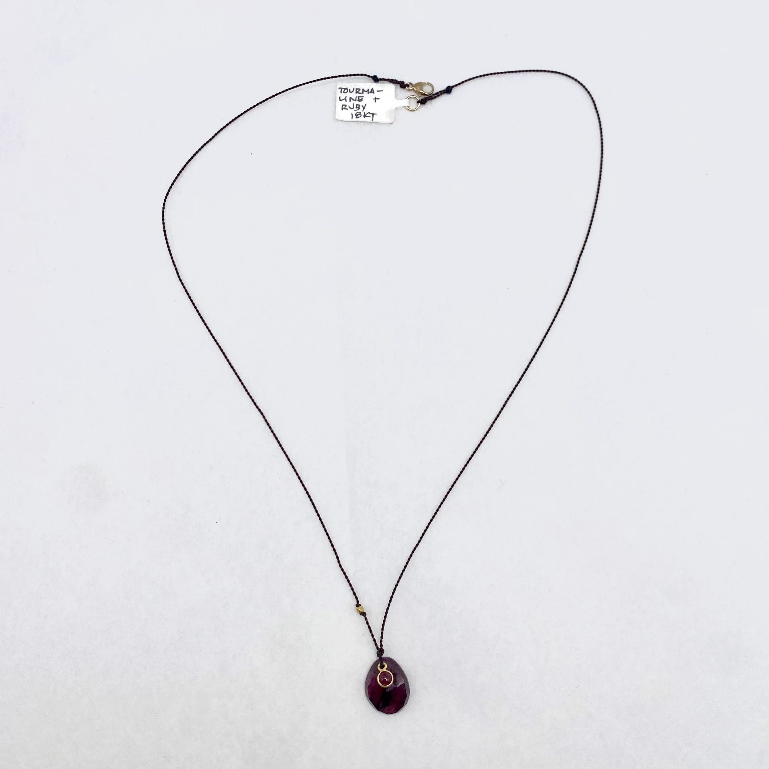 Margaret Solow - Tourmaline & 18kt Gold Ruby Drop Necklace - 17"