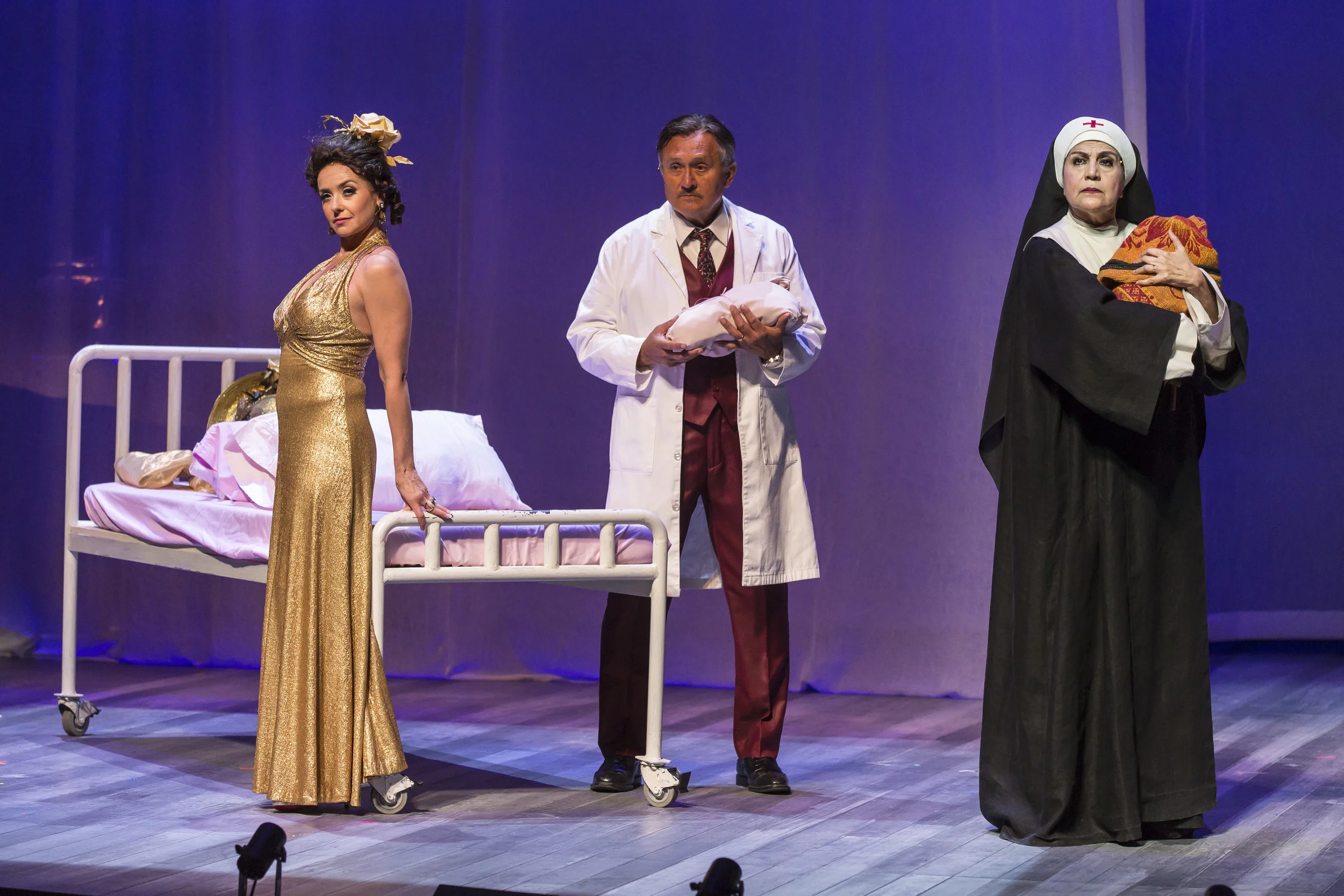 Ruth Livier (Fabiola Castillo), Ricardo Gutierrez (Dr. Jorge Mendoza) and Evelina Fernandez (Sister Sonia) in the Chicago premiere of Karen Zacarías’ Destiny of Desire. Photo by Liz Lauren.