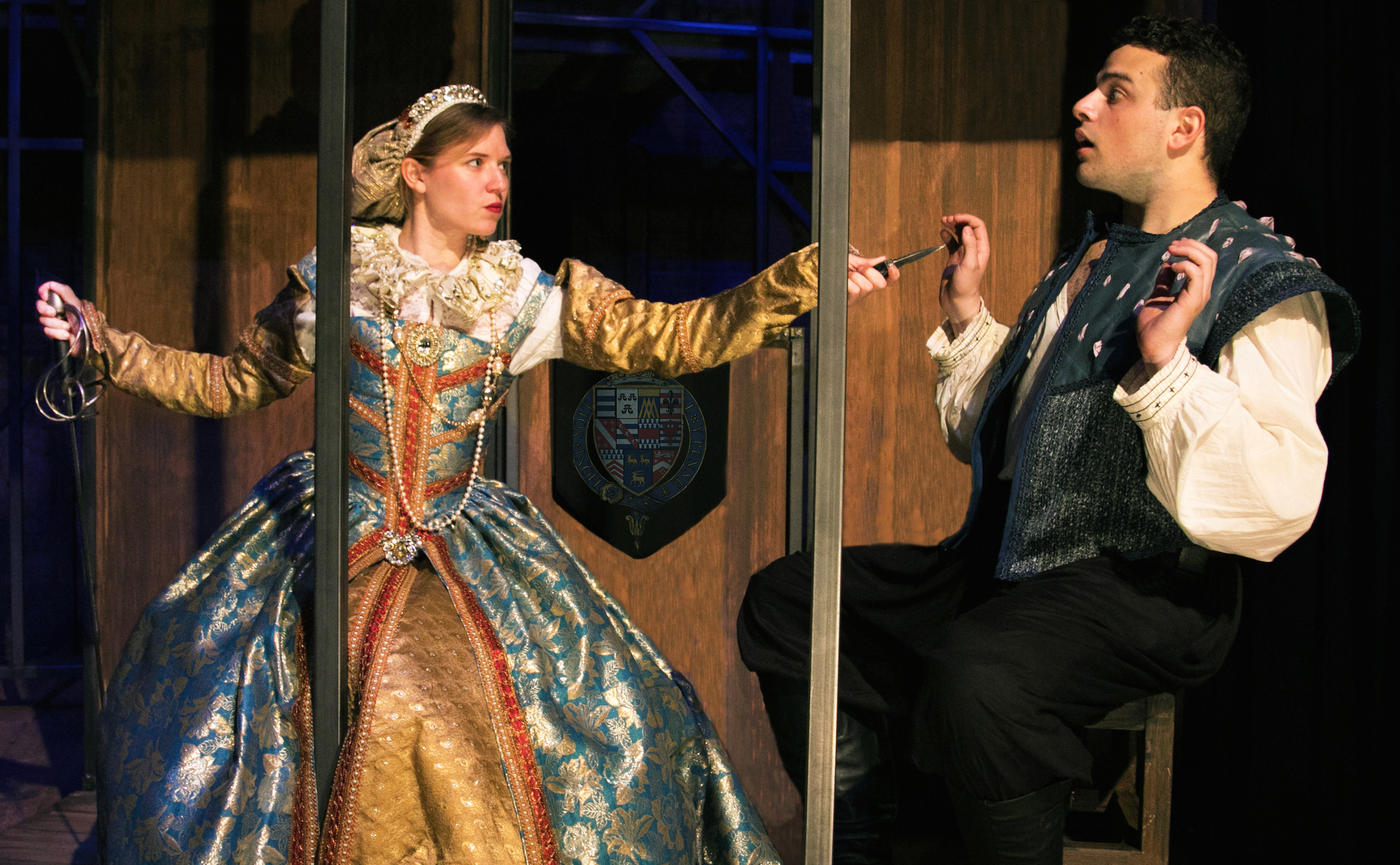 (L to R) Heather Chrisler as Lady Helena and Javier Ferreira as William Shakespeare. Photo by Cole Simon.