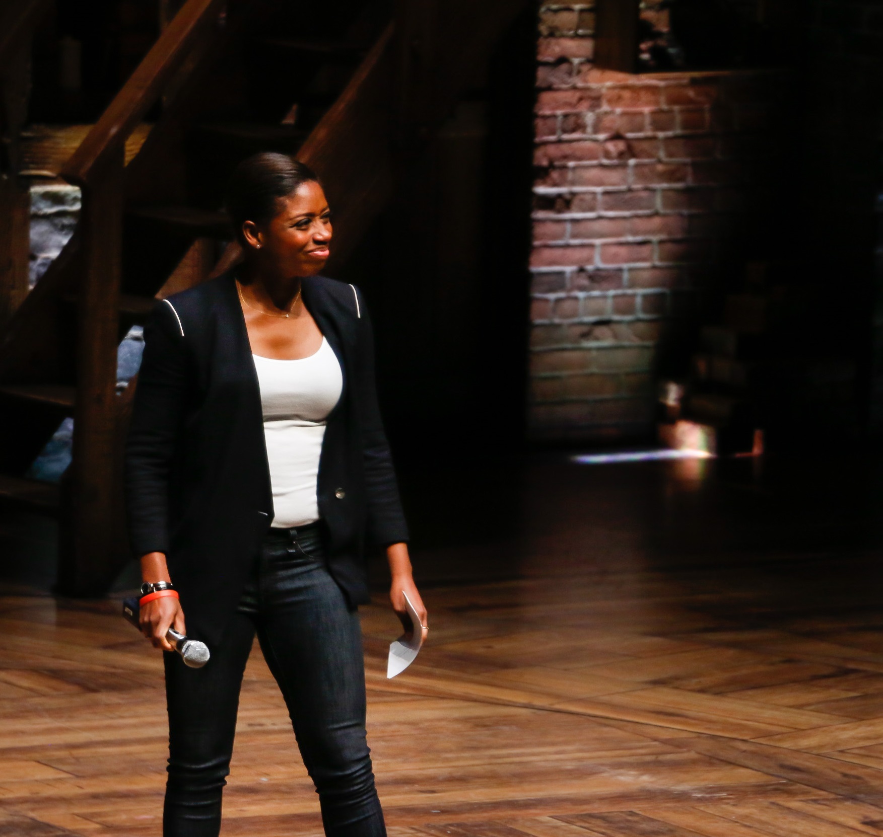 Montego Glover (plays Angelica Schuyler) emcees student performances during The Hamilton Education Program at CIBC Theatre. Photo by Mary Crylen. 