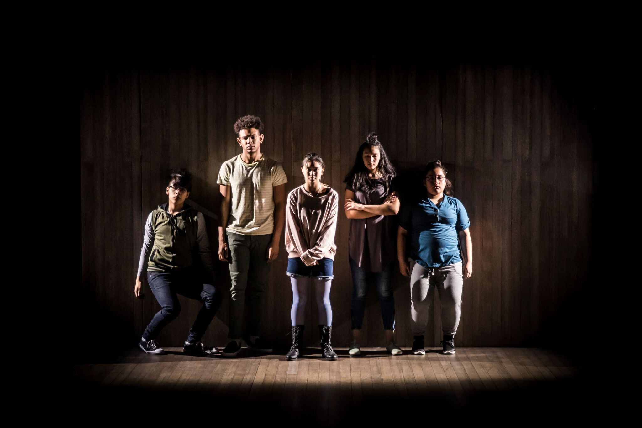 From left: Chris Nieto, Ariel Burns, Teddy Morco, Ana Morales, and Jade Trejo Tello in “Ofrenda” at Albany Park Theater Project. (Photo: Liz Lauren)