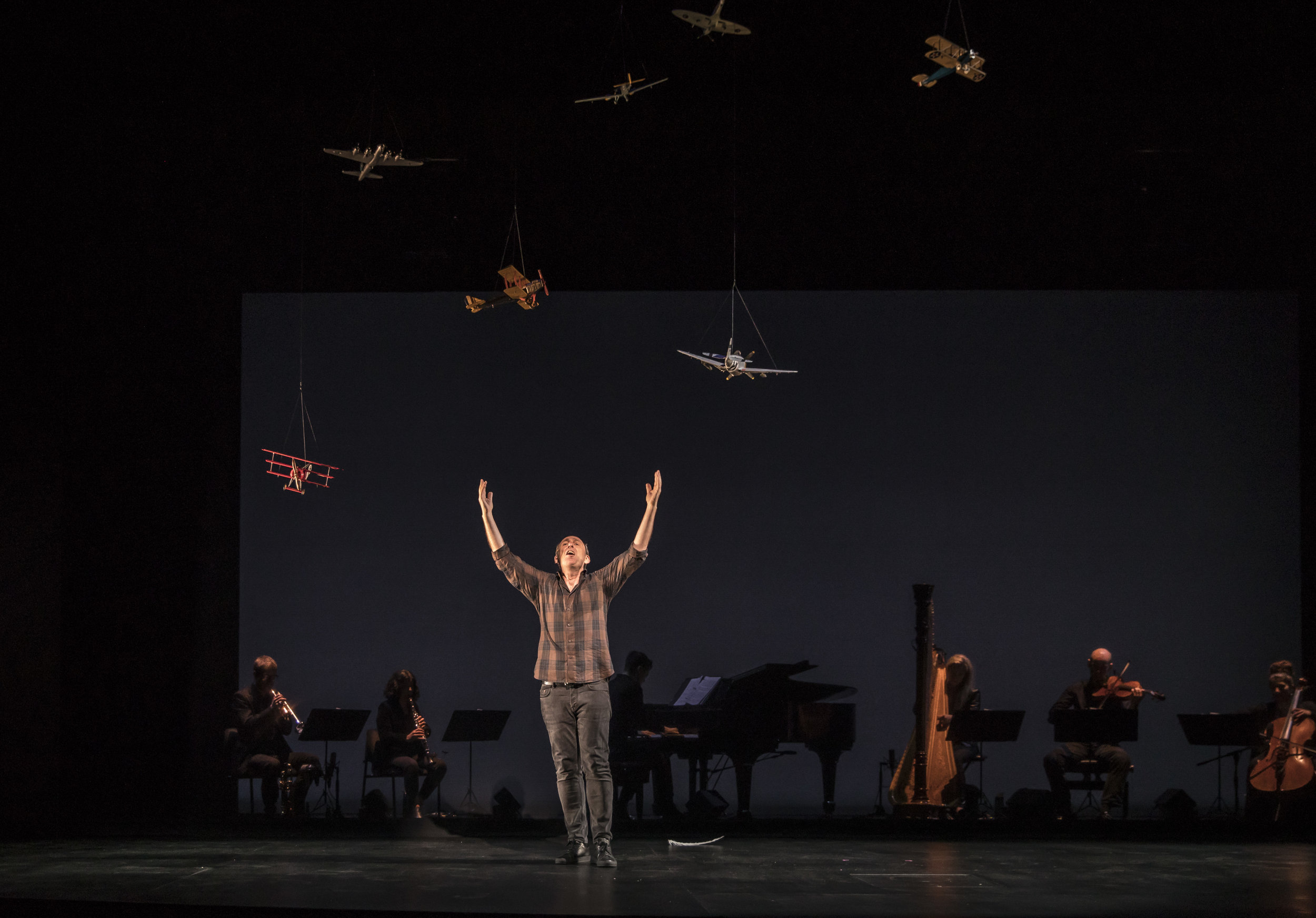 Playwright and performer David Cale and a quintet of musicians— Jered Montgomery (trumpet), Anna Najoom (clarinet), Michelle Campbell (Harp), Dave Belden (Viola) and Desiree Miller (cello)—in his world premiere solo musical memoir We’re Only Alive for A Short Amount of Time.
