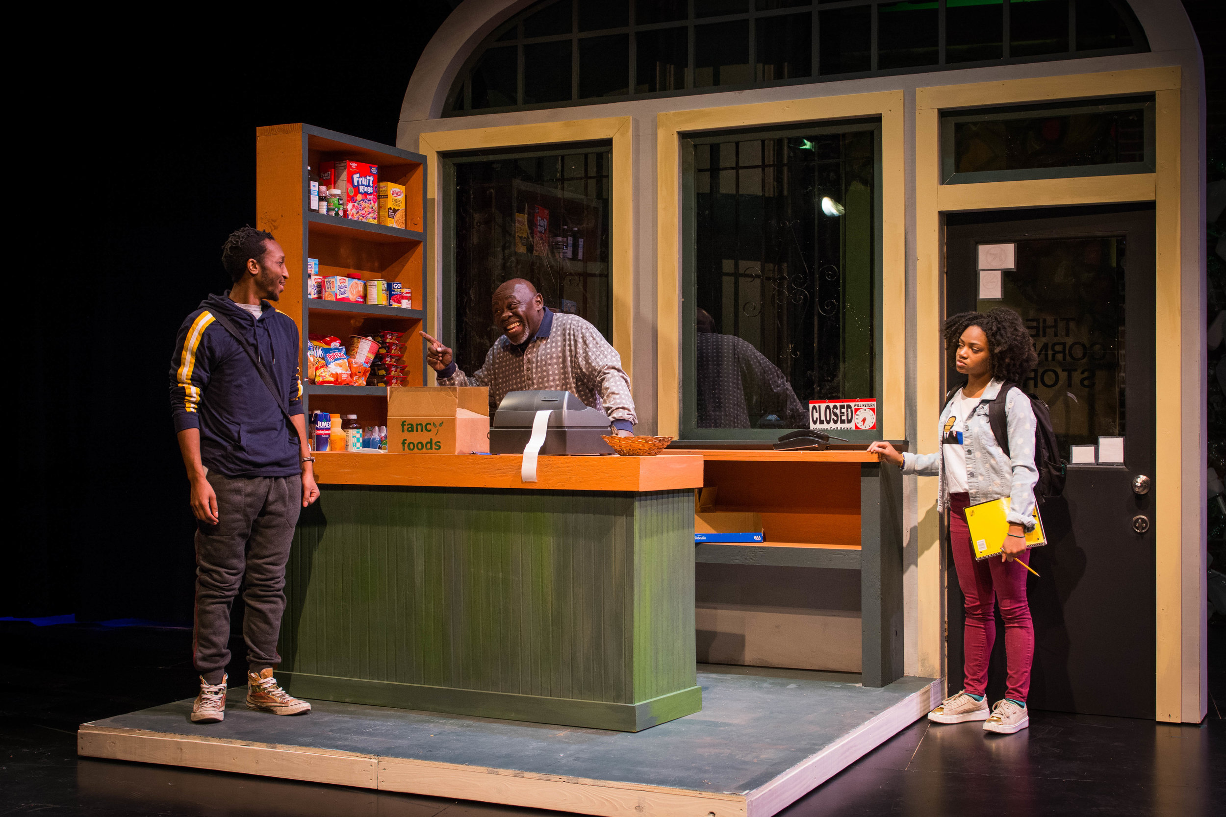 Davon Roberts (Rudy), Kelvin Davis (Eddie) and La Shone T. Kelly (Akari) in Fast Food Chain. Photo by Josh Darr