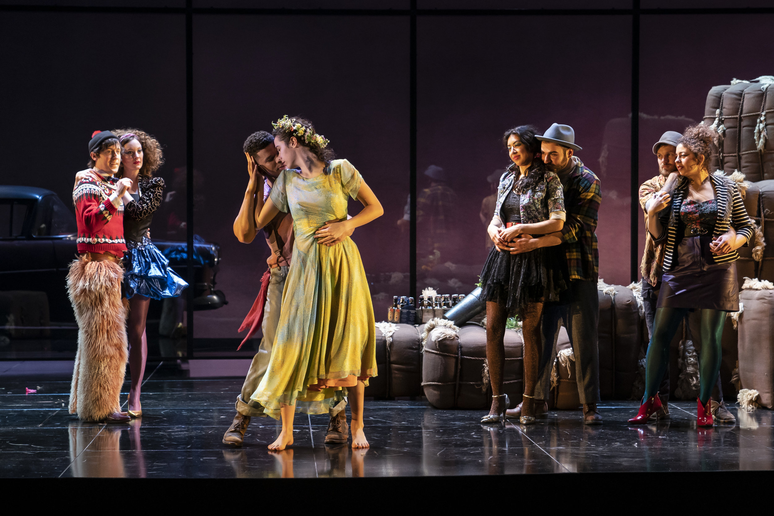 Will Allan (Clown) with Amanda Drinkall Mopsa), Xavier Bleuel (Florizel) , Chloe Baldwin (Perdita), Cher Alvarez (Nell), Martin Zebari (Shepherd) , Susaan Jamshidi (Dorcas) and Christopher Sheard (Shepherd) in The Winter’s Tale by William Shakespeare, directed by Robert Falls.