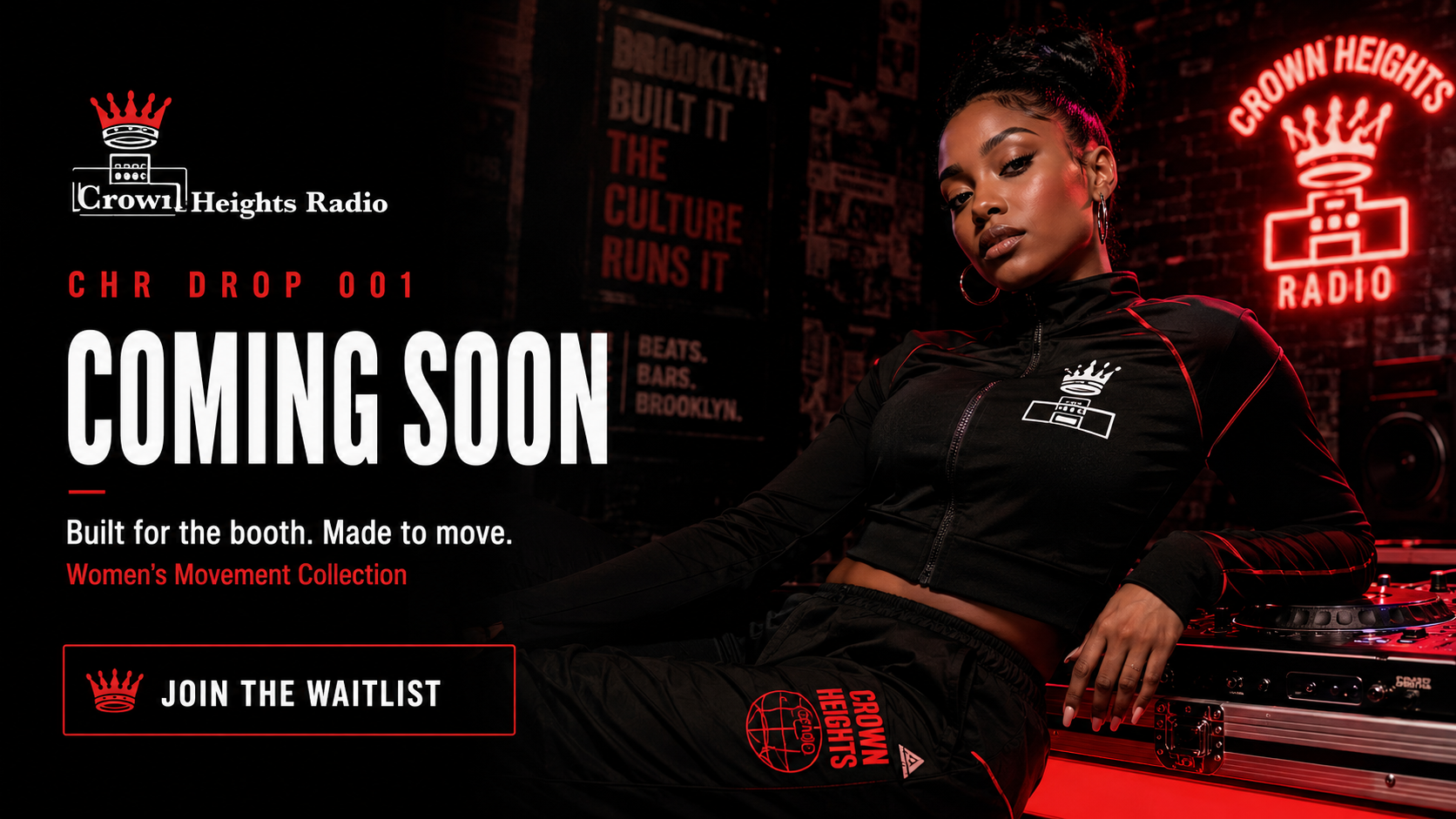 Crown Heights Radio Women’s Drop 001 movement wear coming soon featuring a woman DJ in black performance apparel