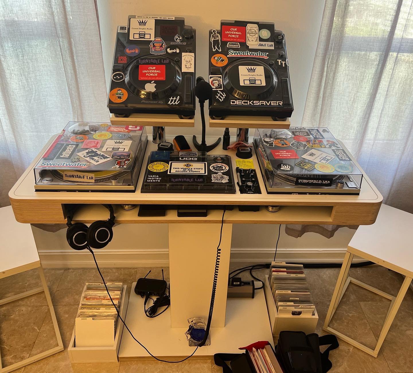 Mission Control #djlife #djsetup #turntable #mixer @technics_global @mastersounds @hoerboard.germany @ouruniversalforce @crownheightsradio @decksaver #stickers #stickerart @shure
