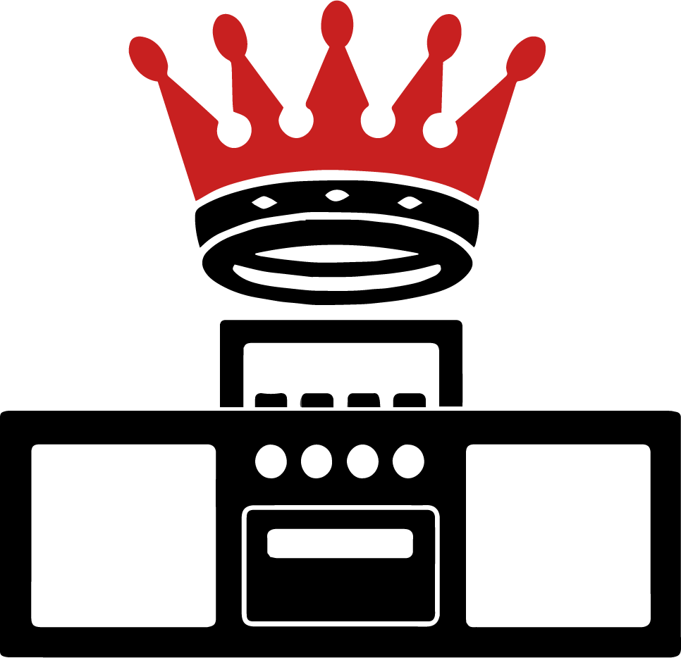 Black silhouette of a hand showing the middle finger, with a red crown above it, on a white background.