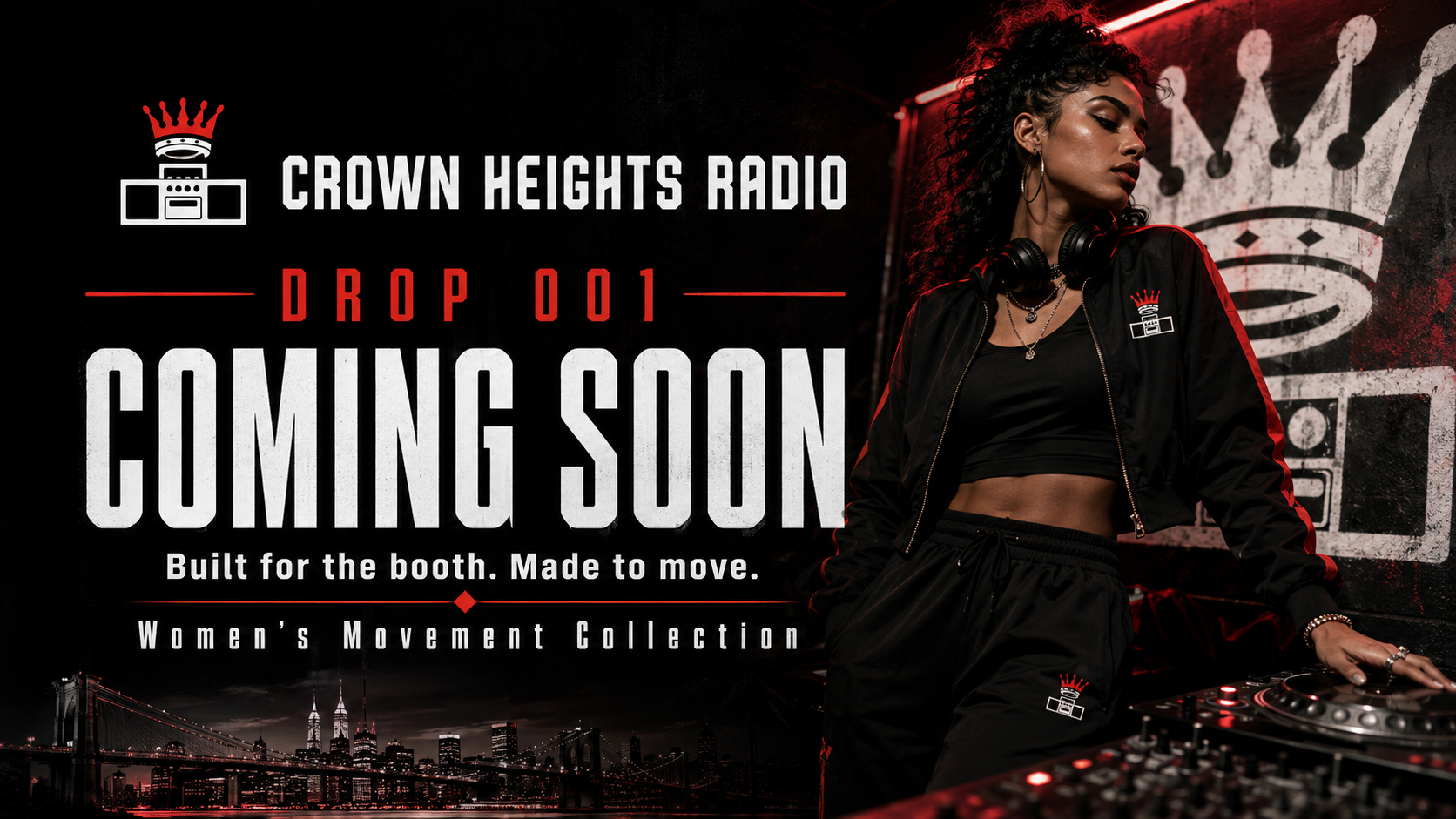 Crown Heights Radio Women’s Drop 001 movement wear coming soon featuring a woman DJ in black performance apparel