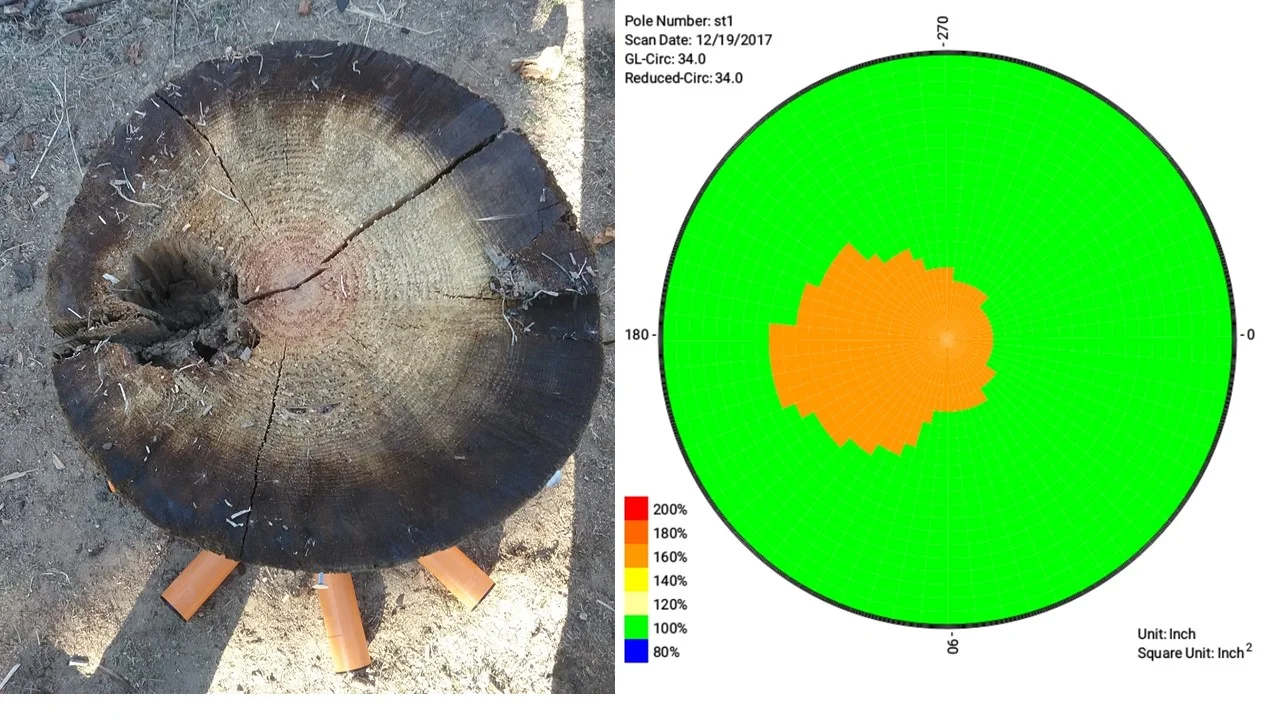 Ultrasonic tomography testing gives the same pass/fail result as a normal inspection, but also shows a detailed map of the pole, outlining faulty areas where rot or defects are occurring.