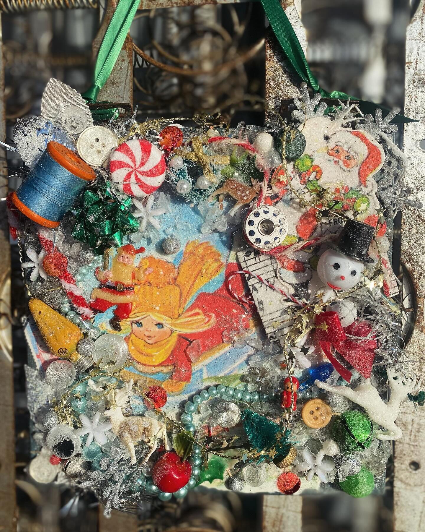 The result of watching a junk journal ASMR &hellip;..

Upcycled vintage wood panel with vintage children&rsquo;s book decoupage &amp; all sorts of kitschy knick knacks + hanging tin assemblage with even more sparkly bits &amp; bobs new in Booth 56 at