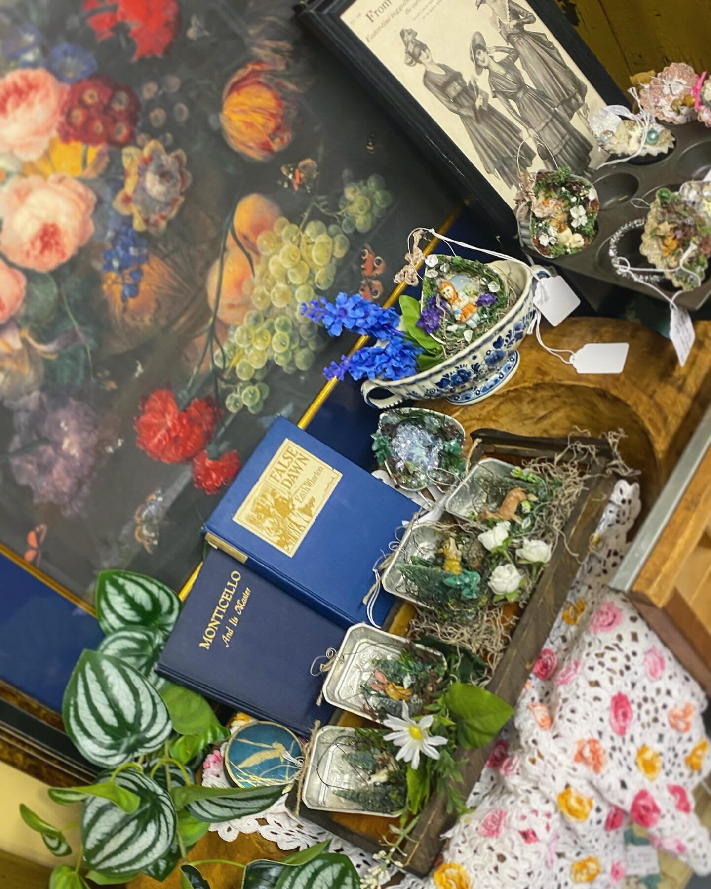New arrivals in Booth 56 at @antiquesinbridgeville 🌺 🌸 ✨ Our handmade theme for spring is magic woodland: whimsical embellishments of mushrooms, flowers, and pink moss in dioramic scenes featuring fae &amp; animals. We have two new deer tart tin or