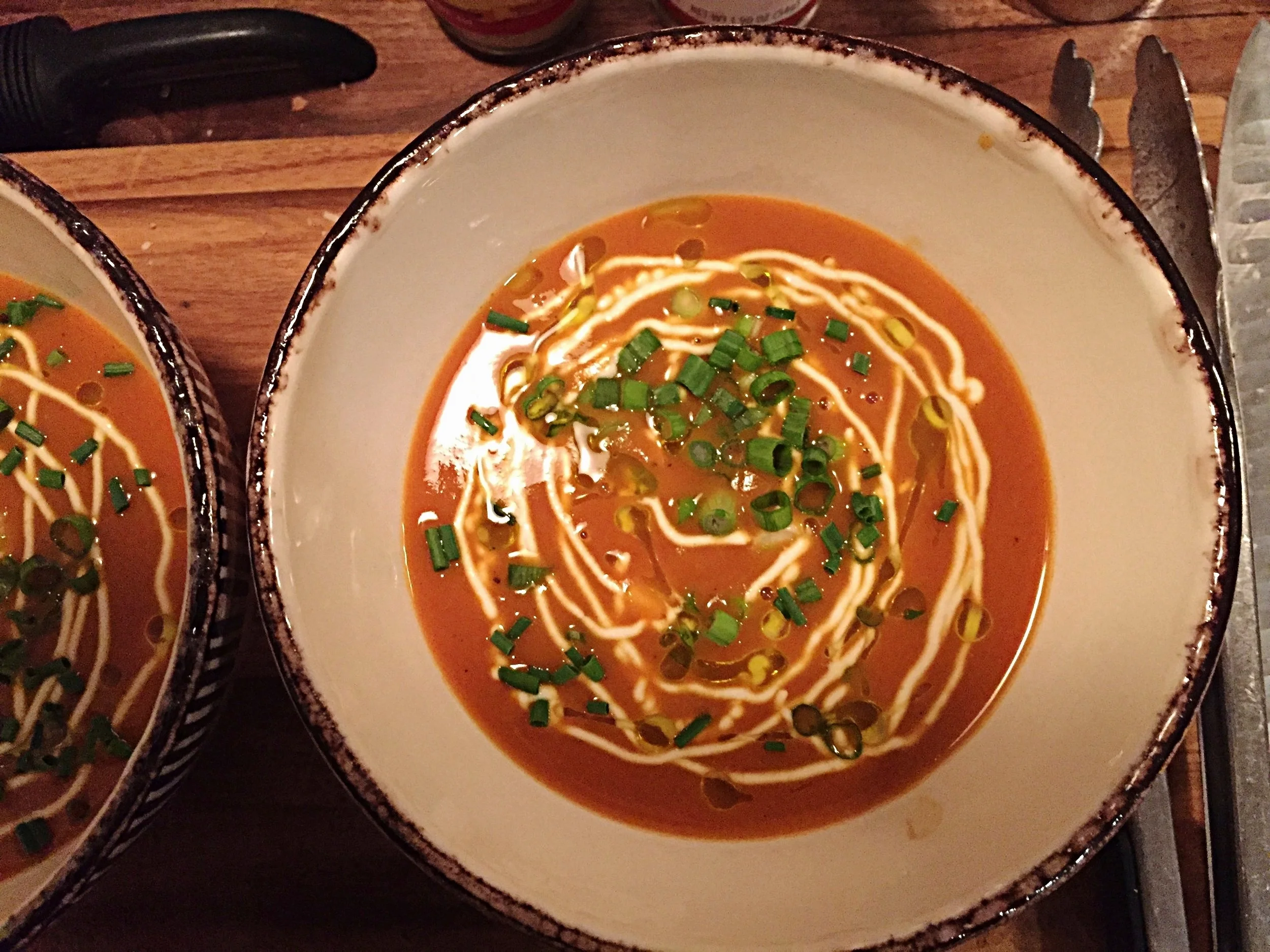 Roasted Red Pepper and Sweet Potato Soup with Cashew Sour Cream
